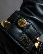 "HERMES" H logo＆gold stud design leather gloves