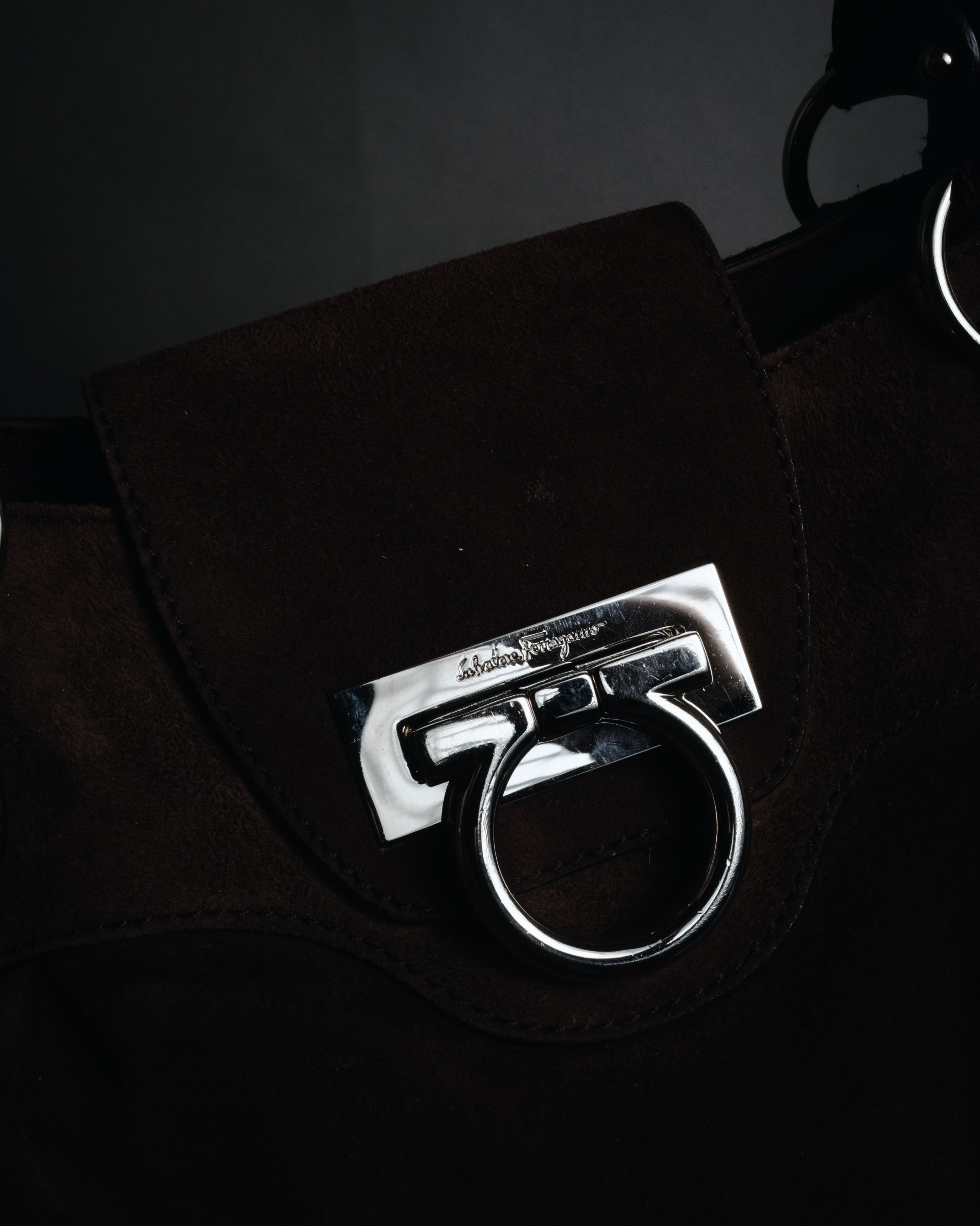 "Salvatore Ferragamo" 00’s suede gancini gathered bowling bag