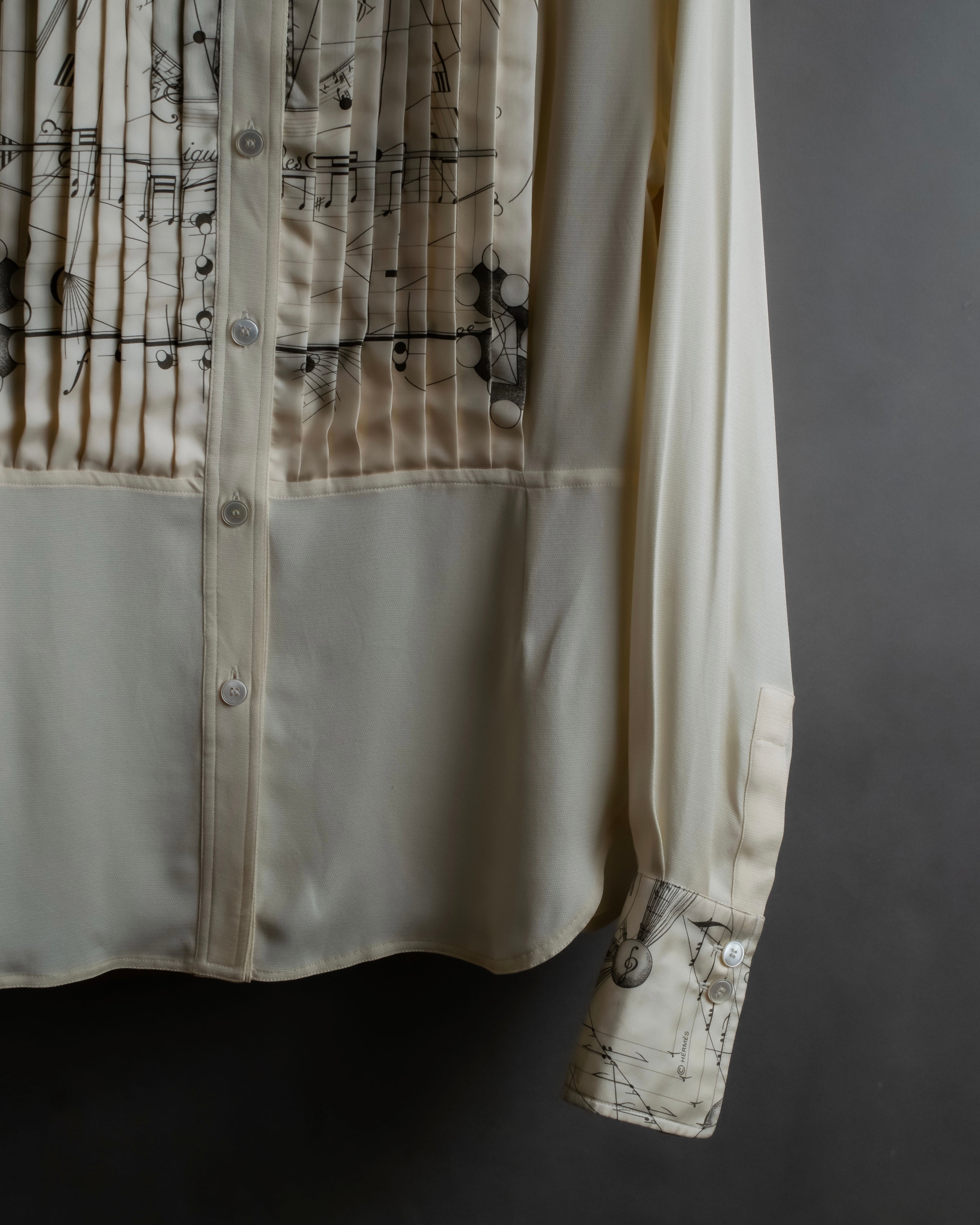 "HERMES" 90's Musical score motif front pleated shirt