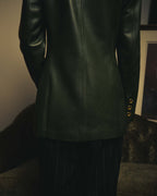 -SPECIAL- “LOEWE” 80’s-90’s Gold buttoned olive leather double-breasted tailored jacket