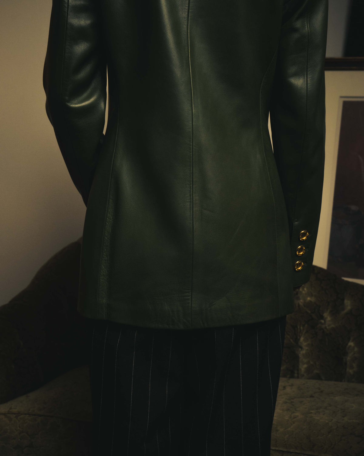 -SPECIAL- “LOEWE” 80’s-90’s Gold buttoned olive leather double-breasted tailored jacket