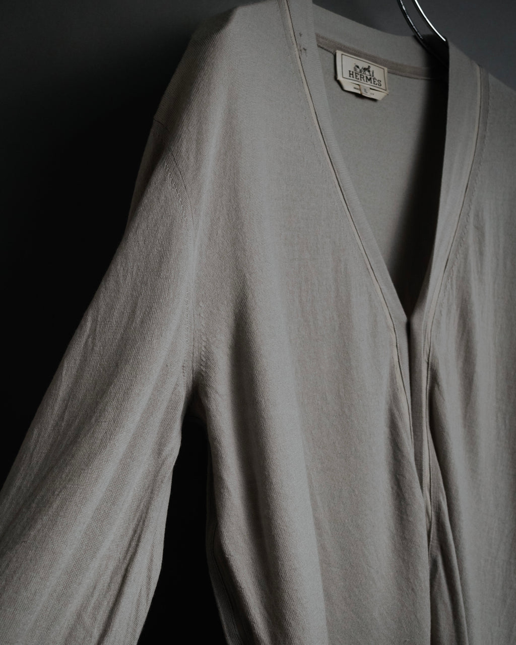 “HERMES” 2000’s Lambskin trimmed high gauge wool cardigan