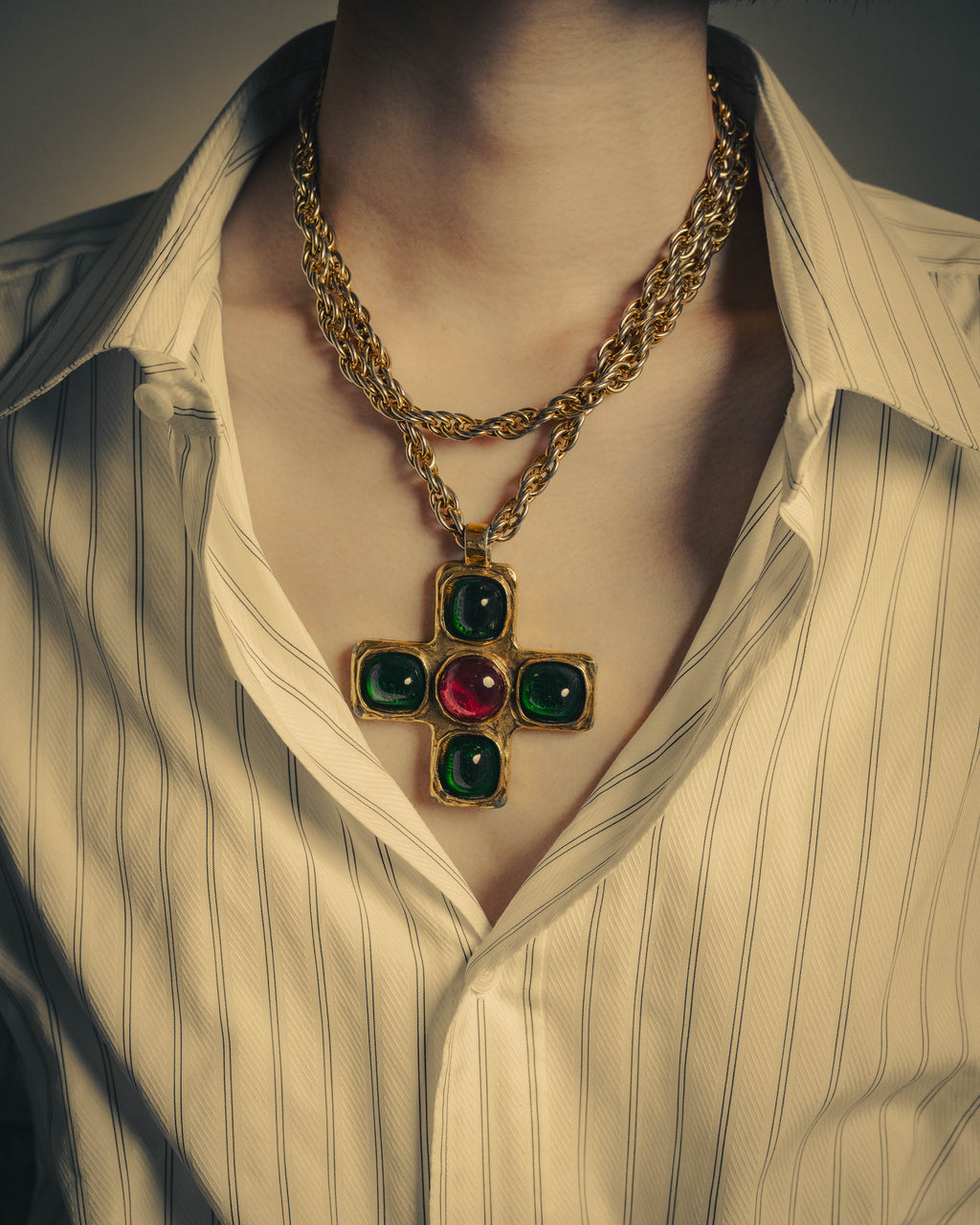 –SPECIAL– "CHANEL" 80's Gripoix Byzantine cross pendant necklace