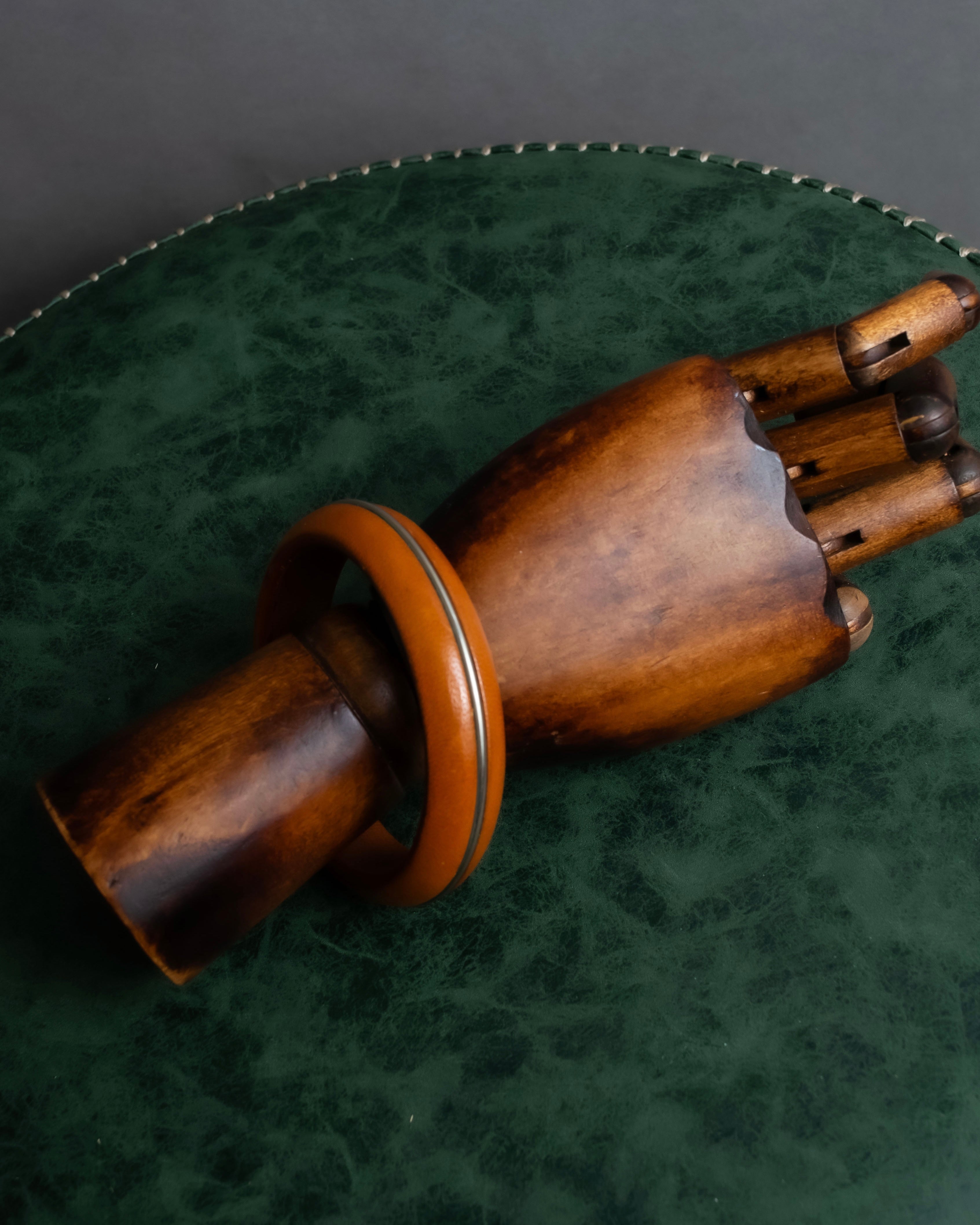 "HERMES" Brown leather＆metal line combination bangle