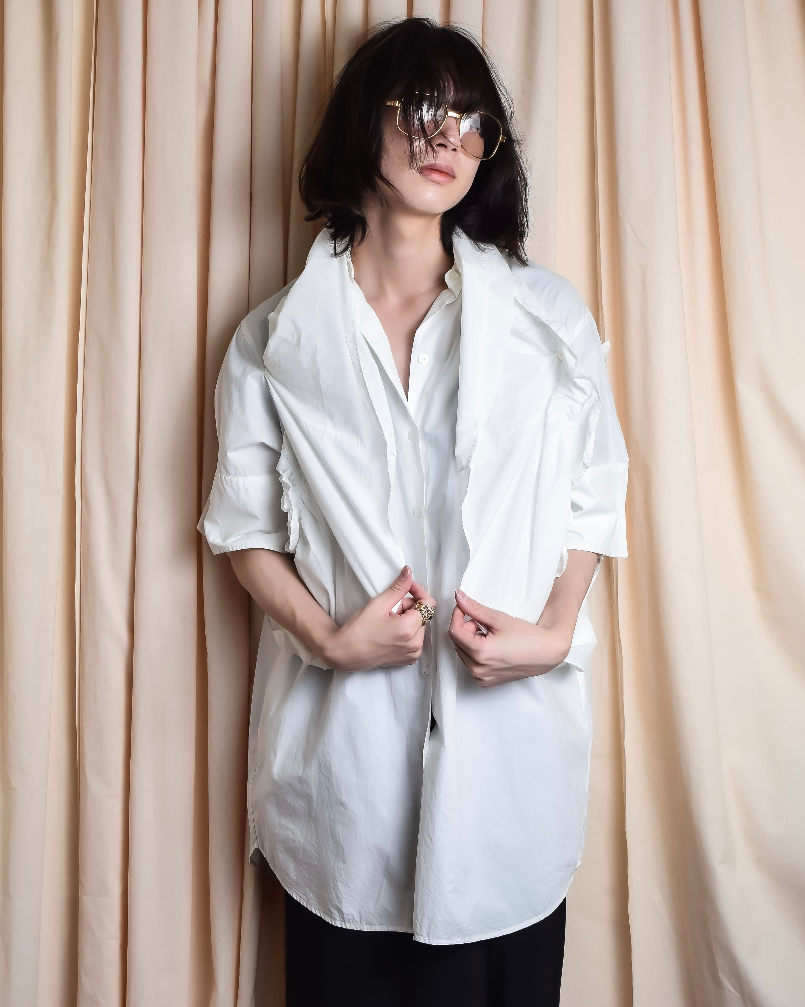 "MM6 MAISON MARGIELA" 20SS Frilled overlay cotton hybrid shirt