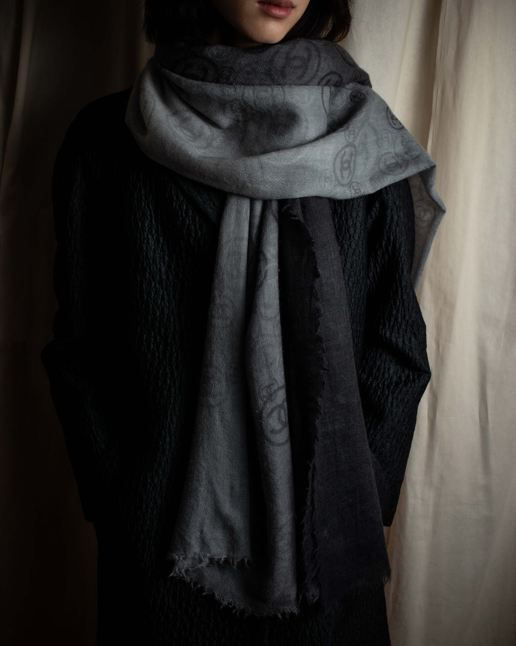 "CHANEL" Logo engraved design cashmere super large stole