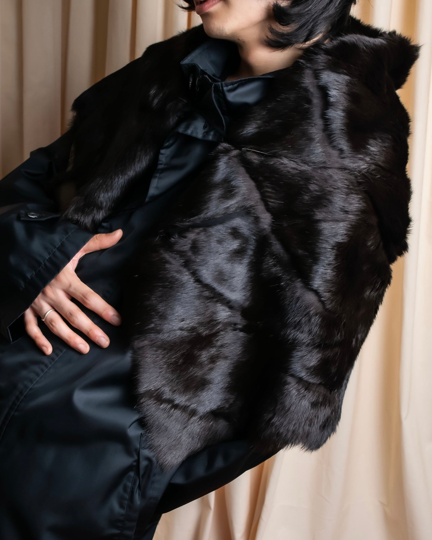 "GIVENCHY" Fur & leather used reversible short shawl collar jacket