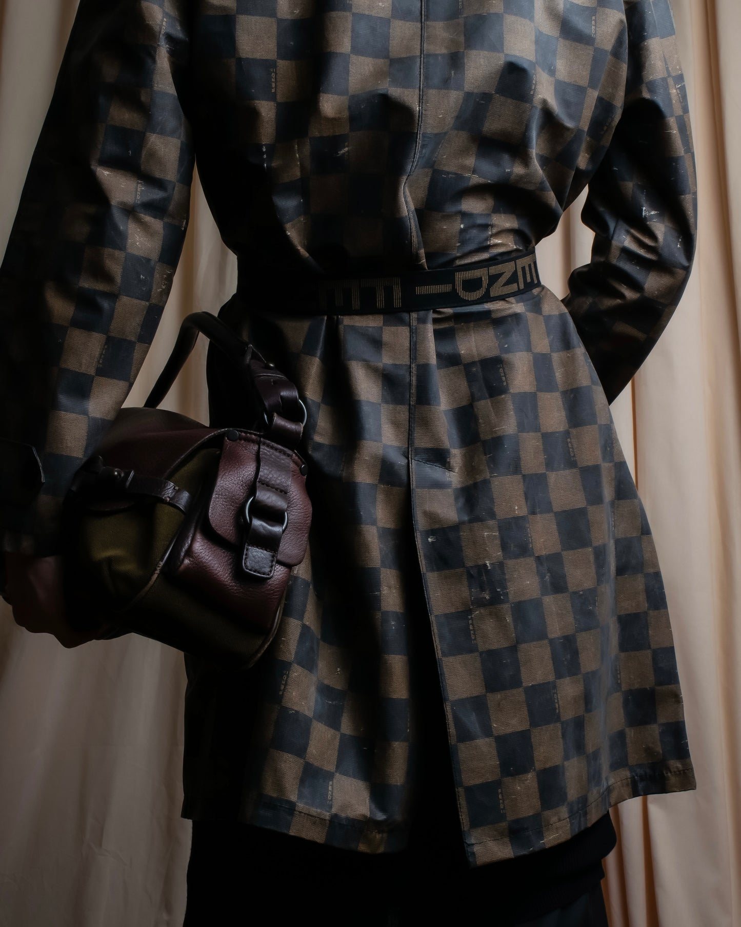 "FENDI" Pecan checkered belted mid length coat