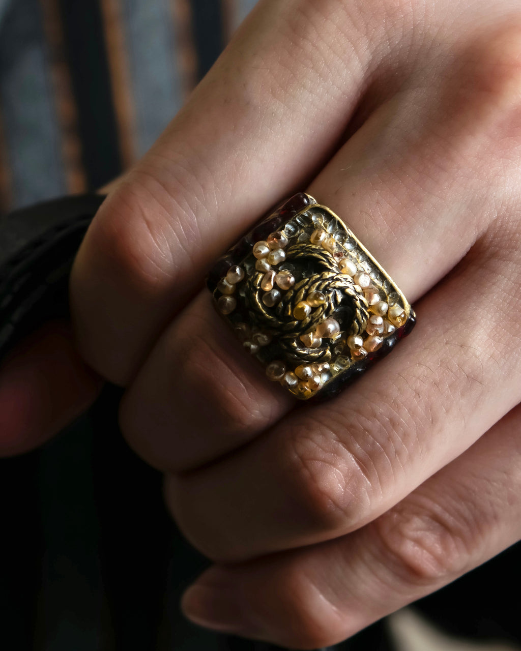 "CHANEL" Glass pearl Coco mark motif gold ring