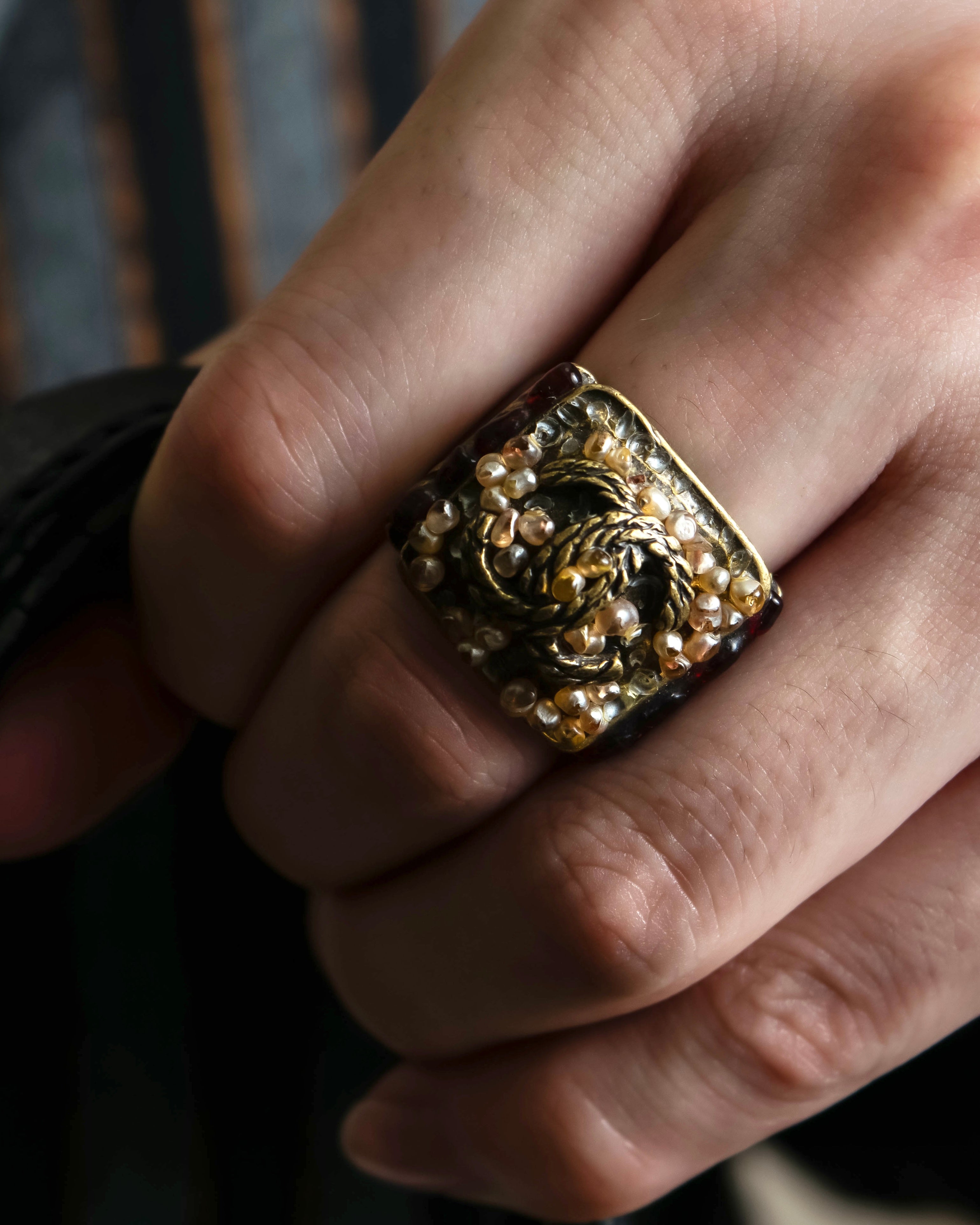 "CHANEL" Glass pearl Coco mark motif gold ring