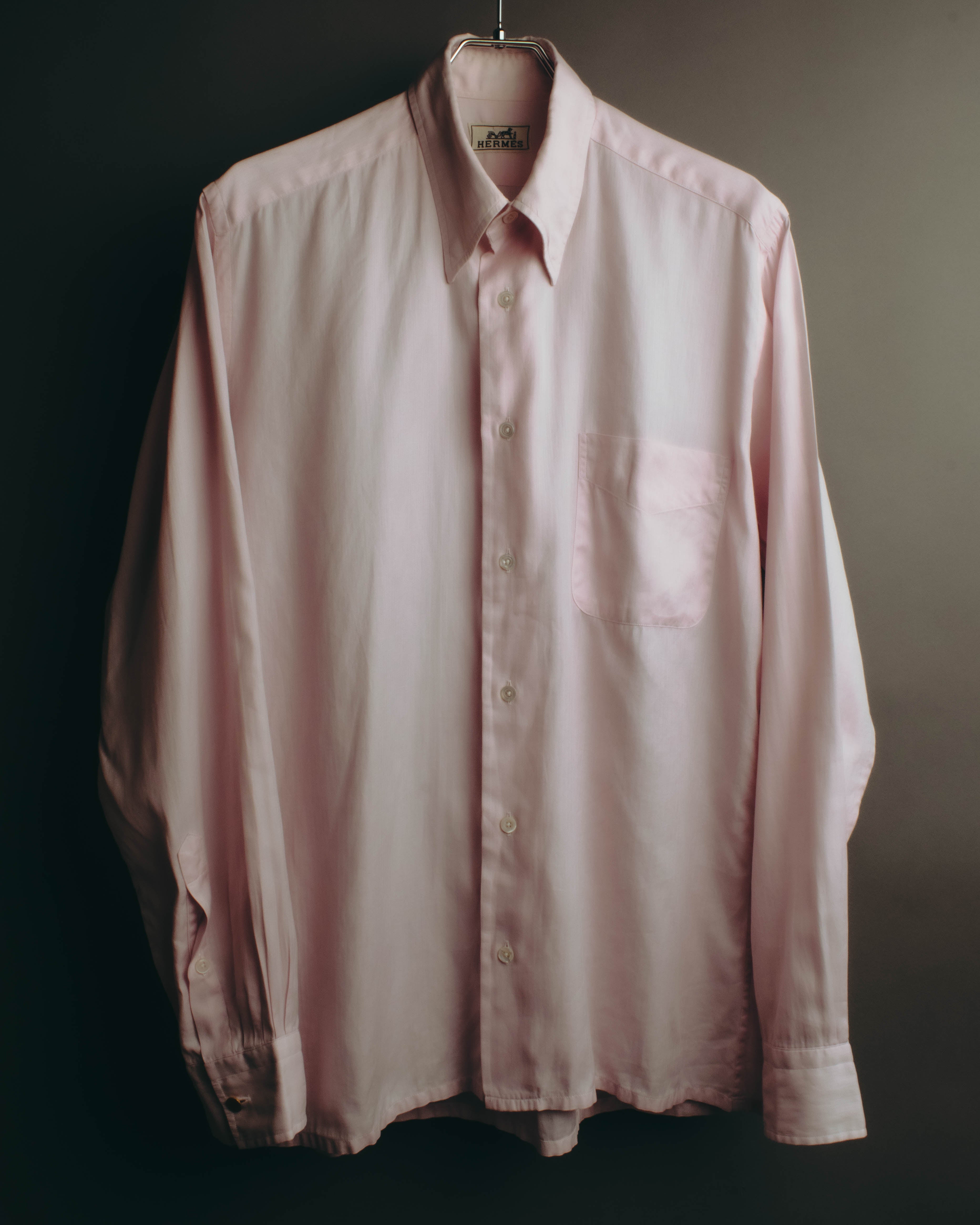 "Hermès" 80's-early 90's Pale pink herringbone cotton dress shirt
