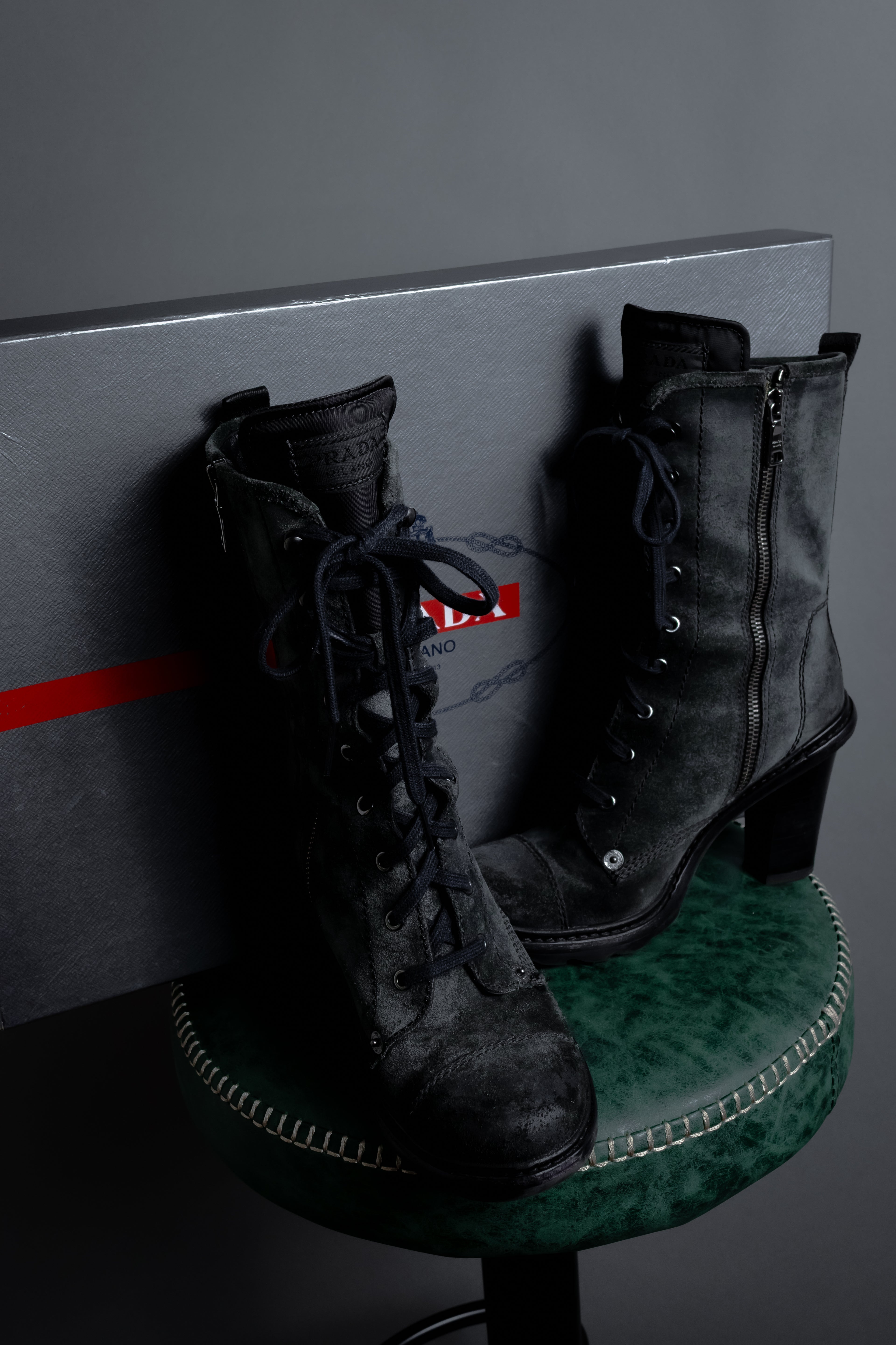 "PRADA" Military detail brushed leather lace-up long boots