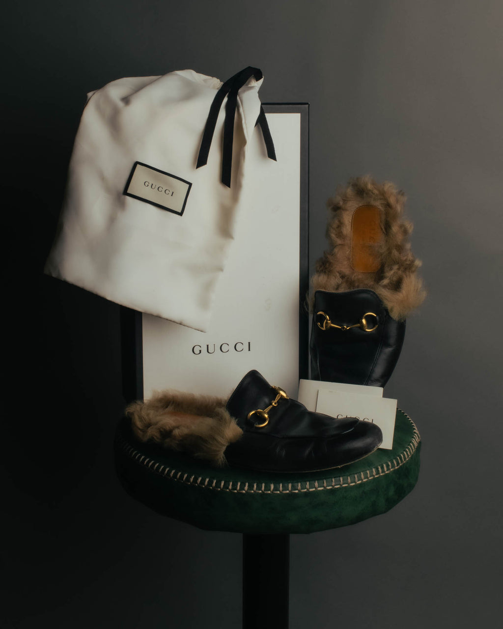 "GUCCI" 2010's Fur lined horsebit backless loafer