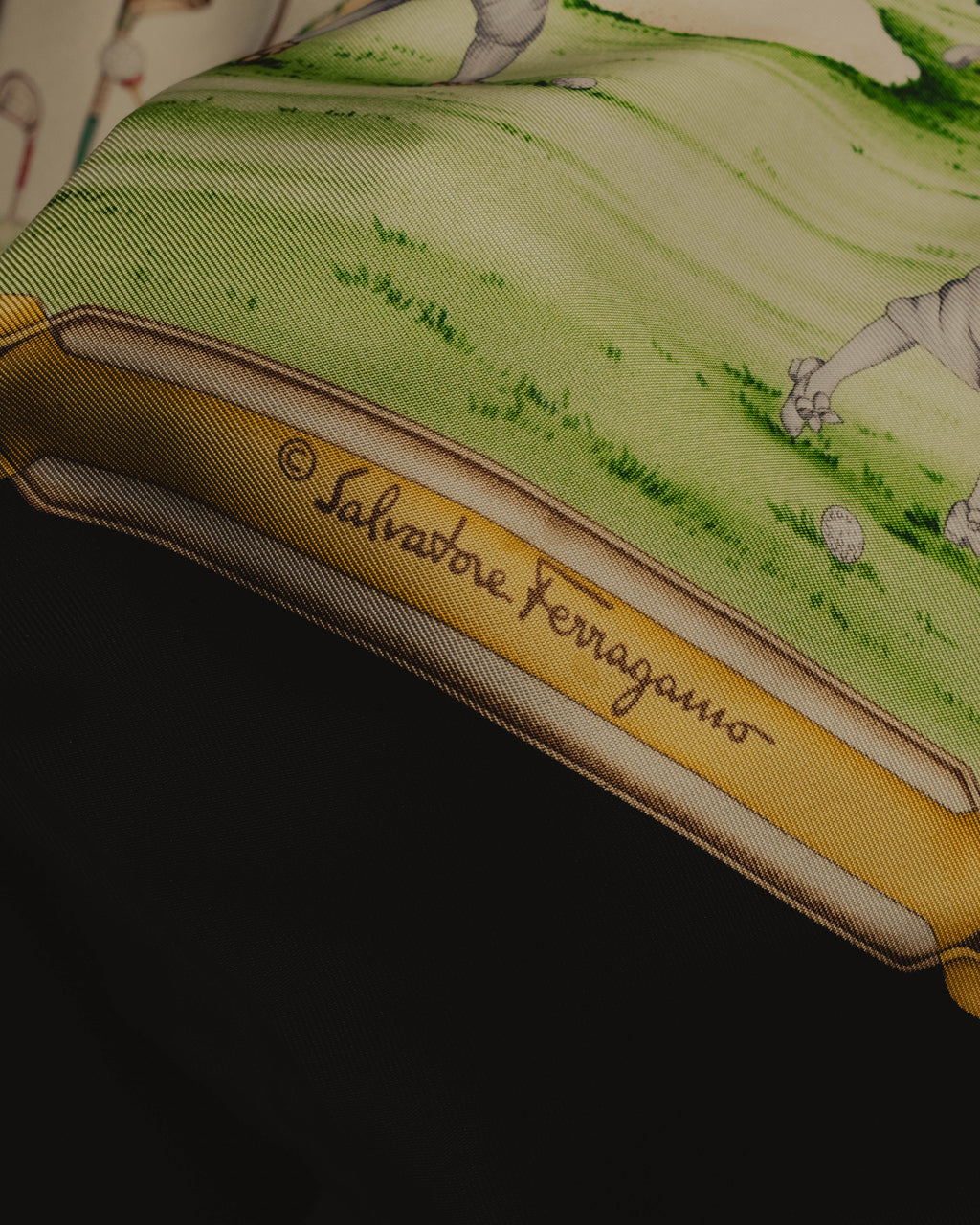 “Salvatore Ferragamo” 80’s-90’s Golf motif silk twill scarf