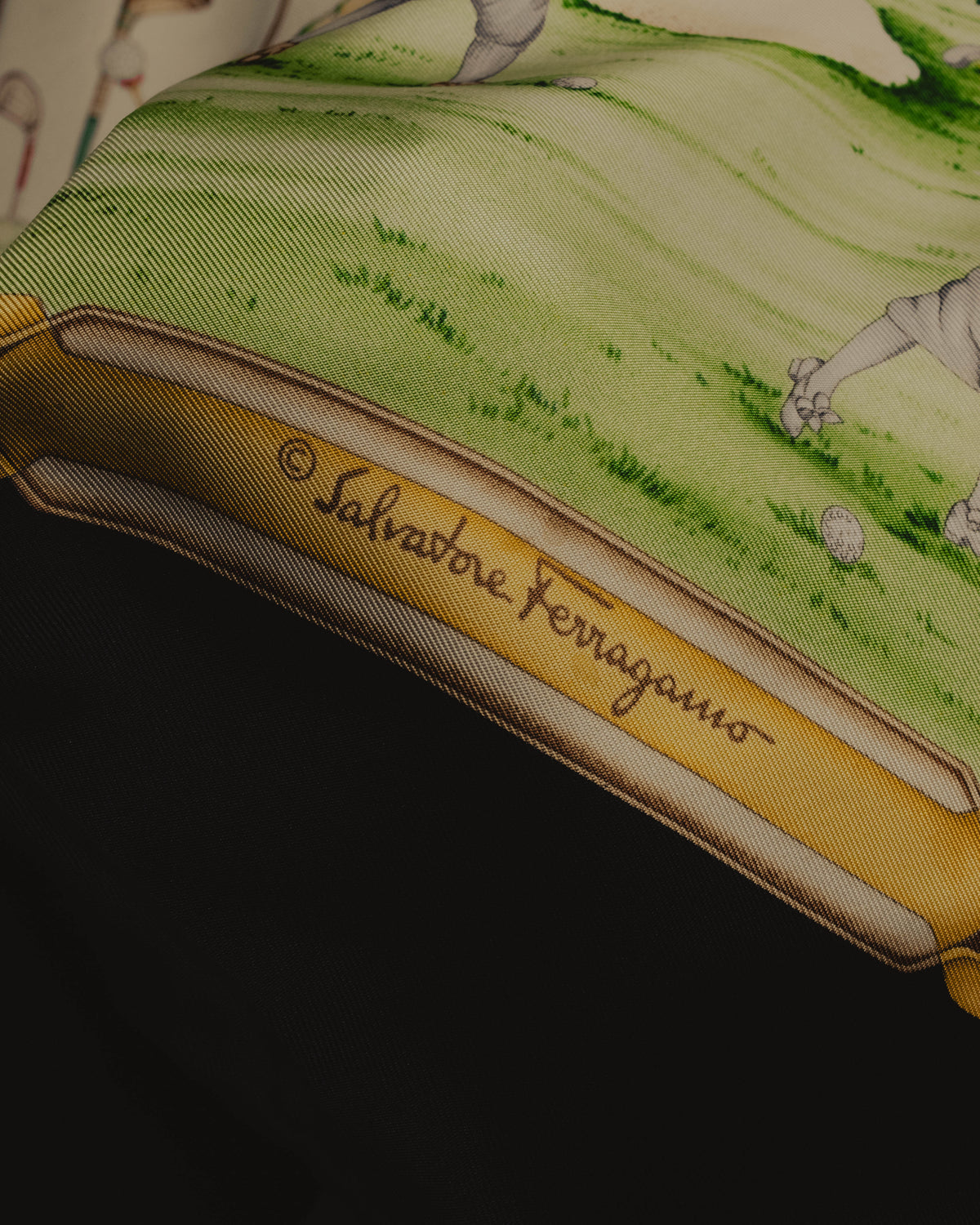 “Salvatore Ferragamo” 80’s-90’s Golf motif silk twill scarf