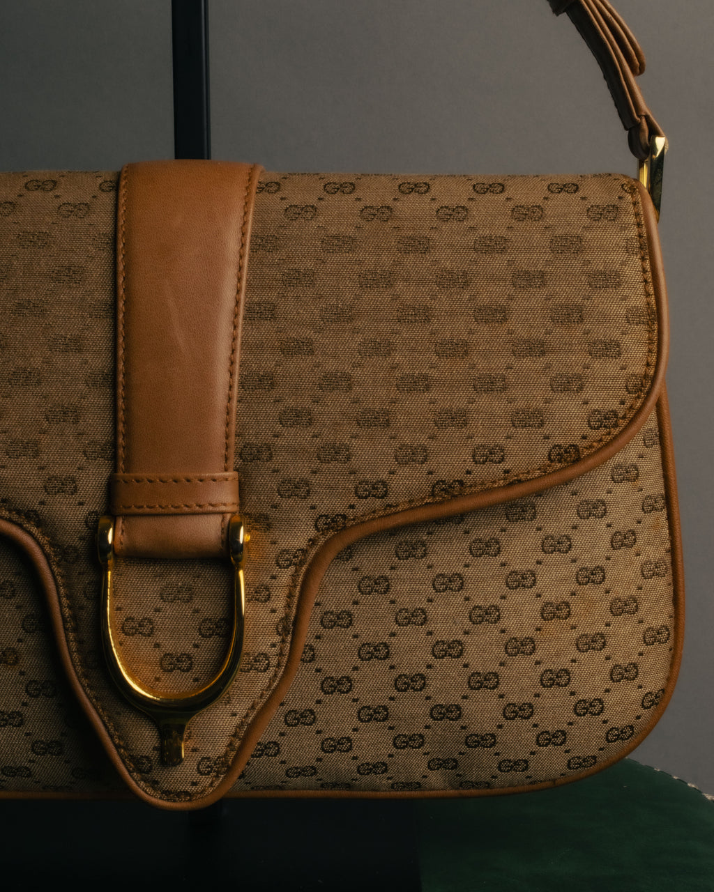 "GUCCI" 70's-80's Micro GG monogram canvas shoulder bag with stirrup hardware