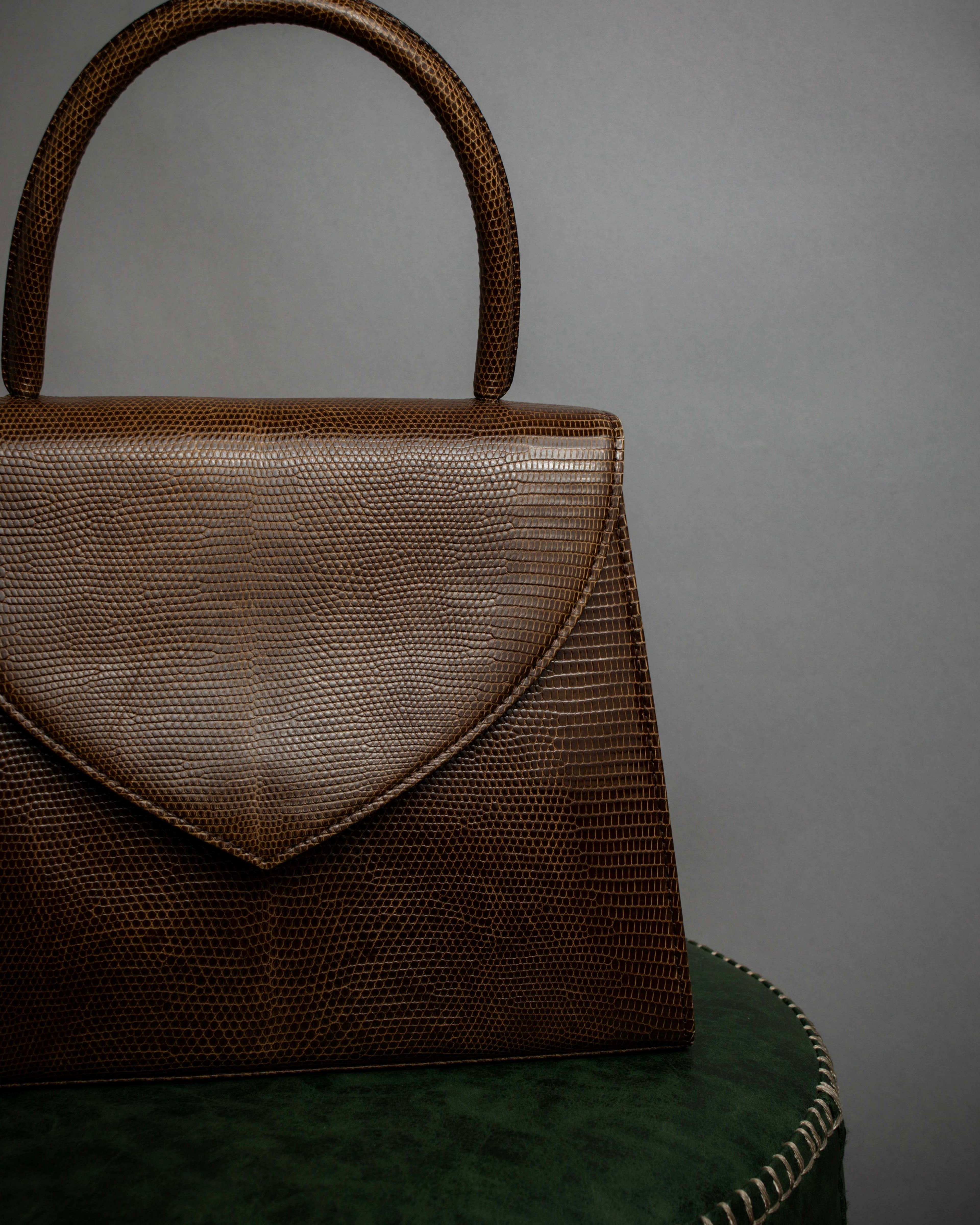 "YVES SAINT LAURENT" Flap design lizard embossed leather hand bag