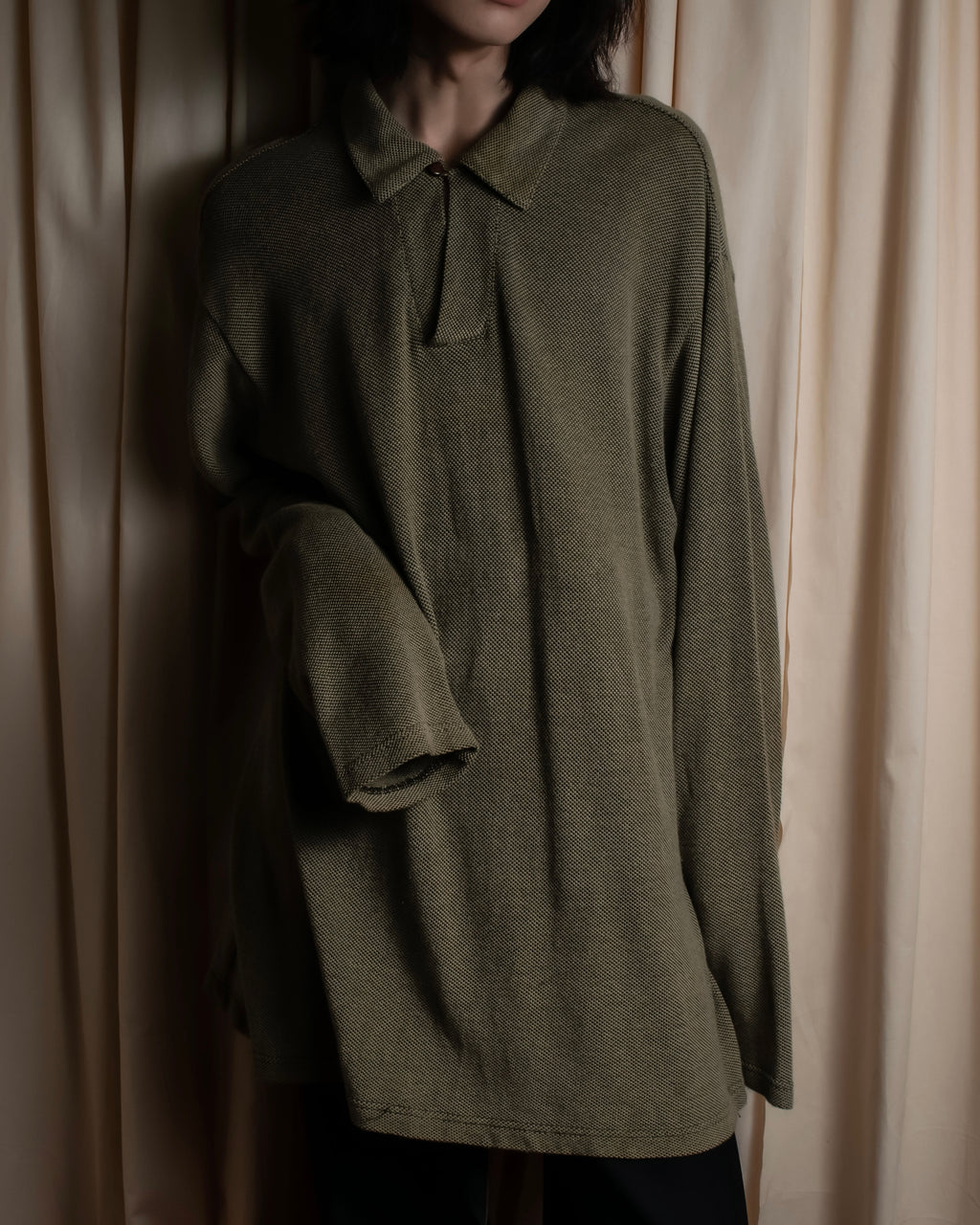 "Vintage herringbone long sleeve polo shirt"