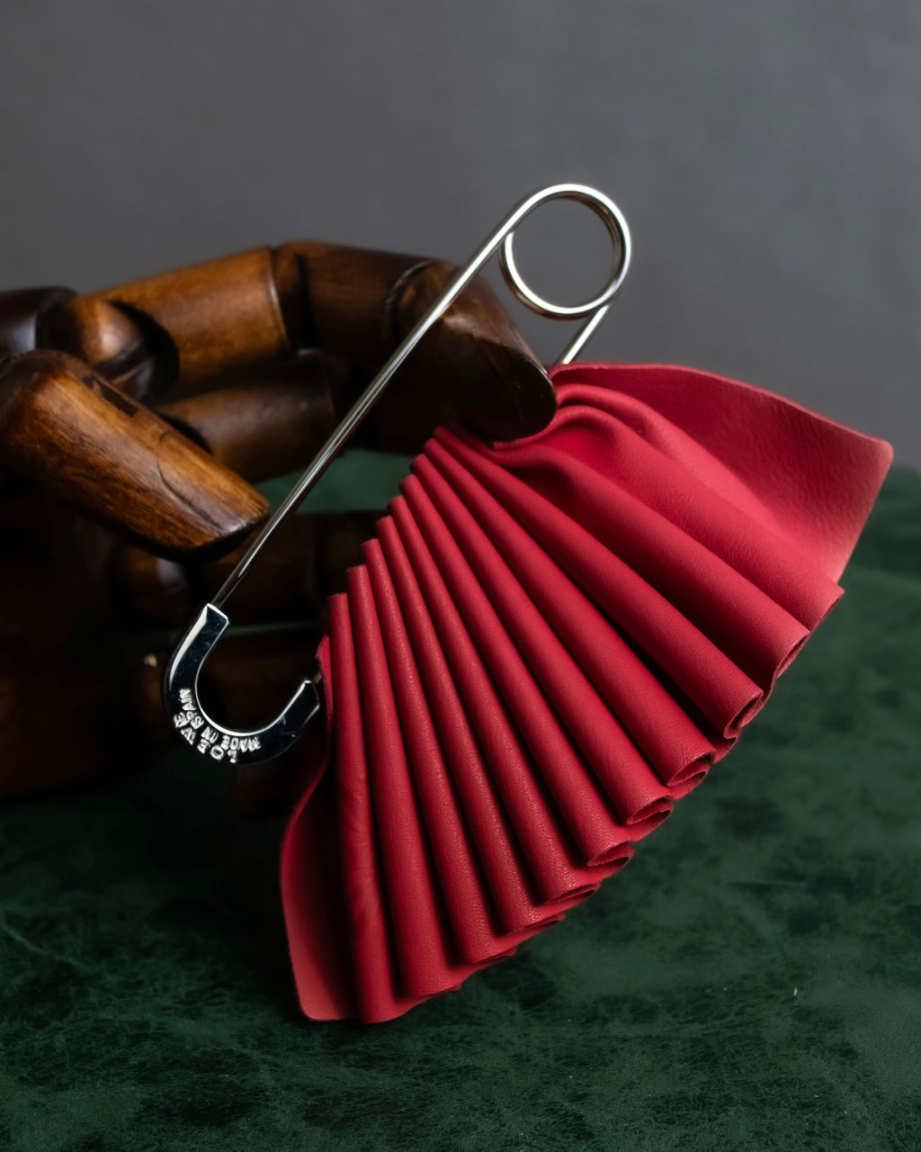 "LOEWE"  Red pleated motif safety pin brooch