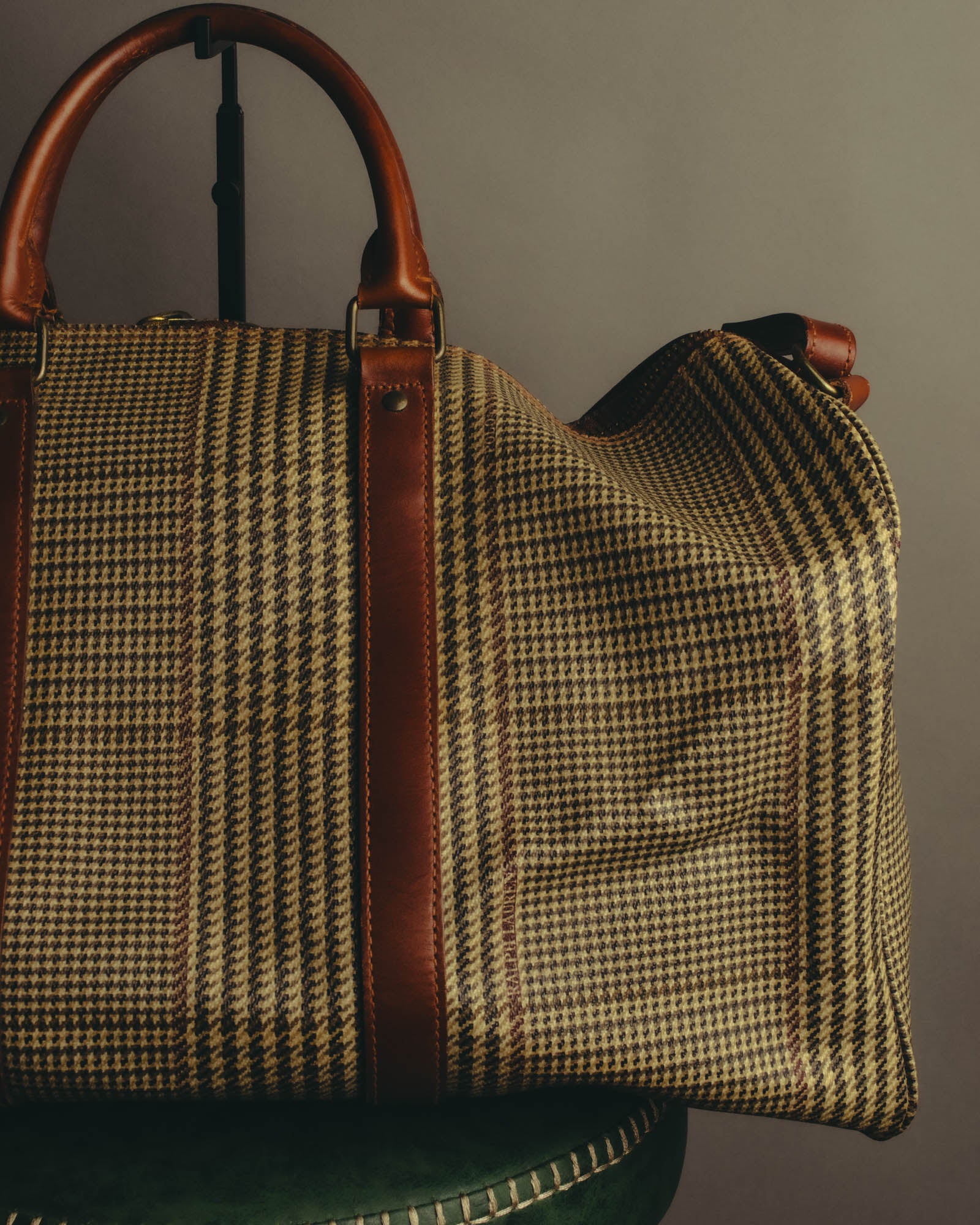 "Polo Ralph Lauren" 80's-90's Houndstooth leather trim travel bag