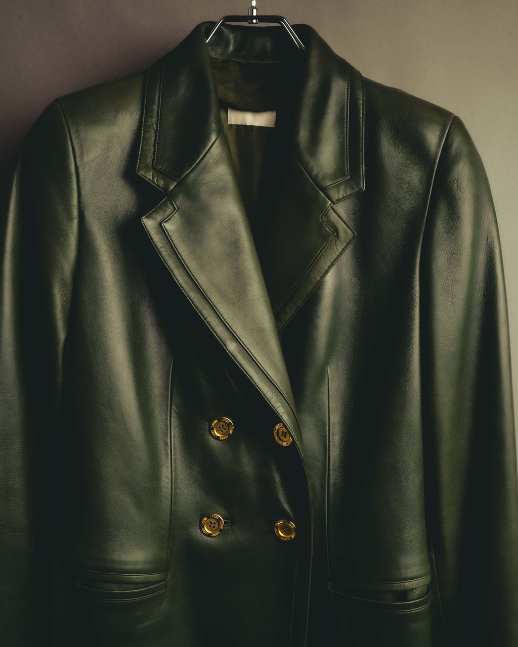 -SPECIAL- “LOEWE” 80’s-90’s Gold buttoned olive leather double-breasted tailored jacket