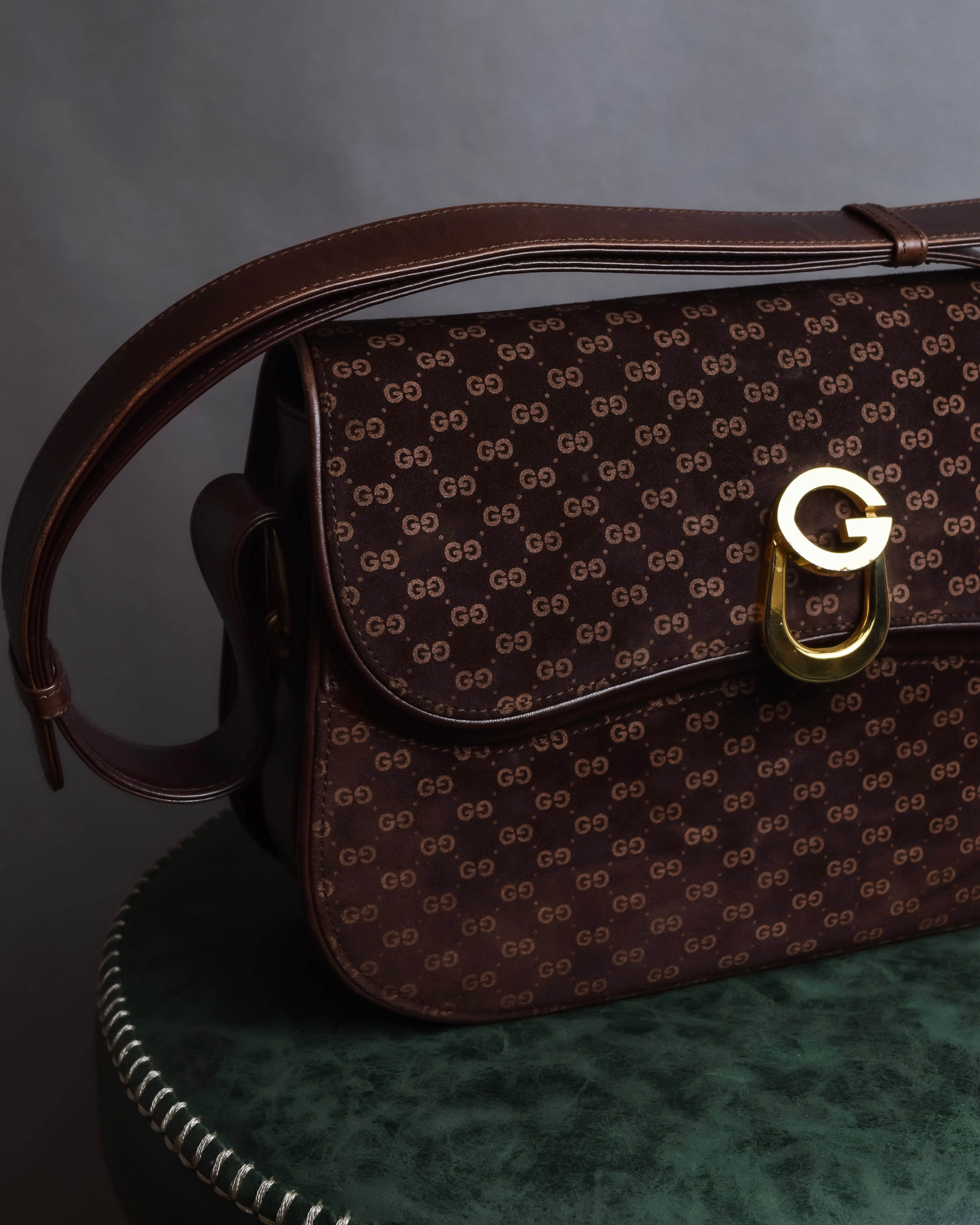 "GUCCI" 70's Embossed suede flap shoulder bag