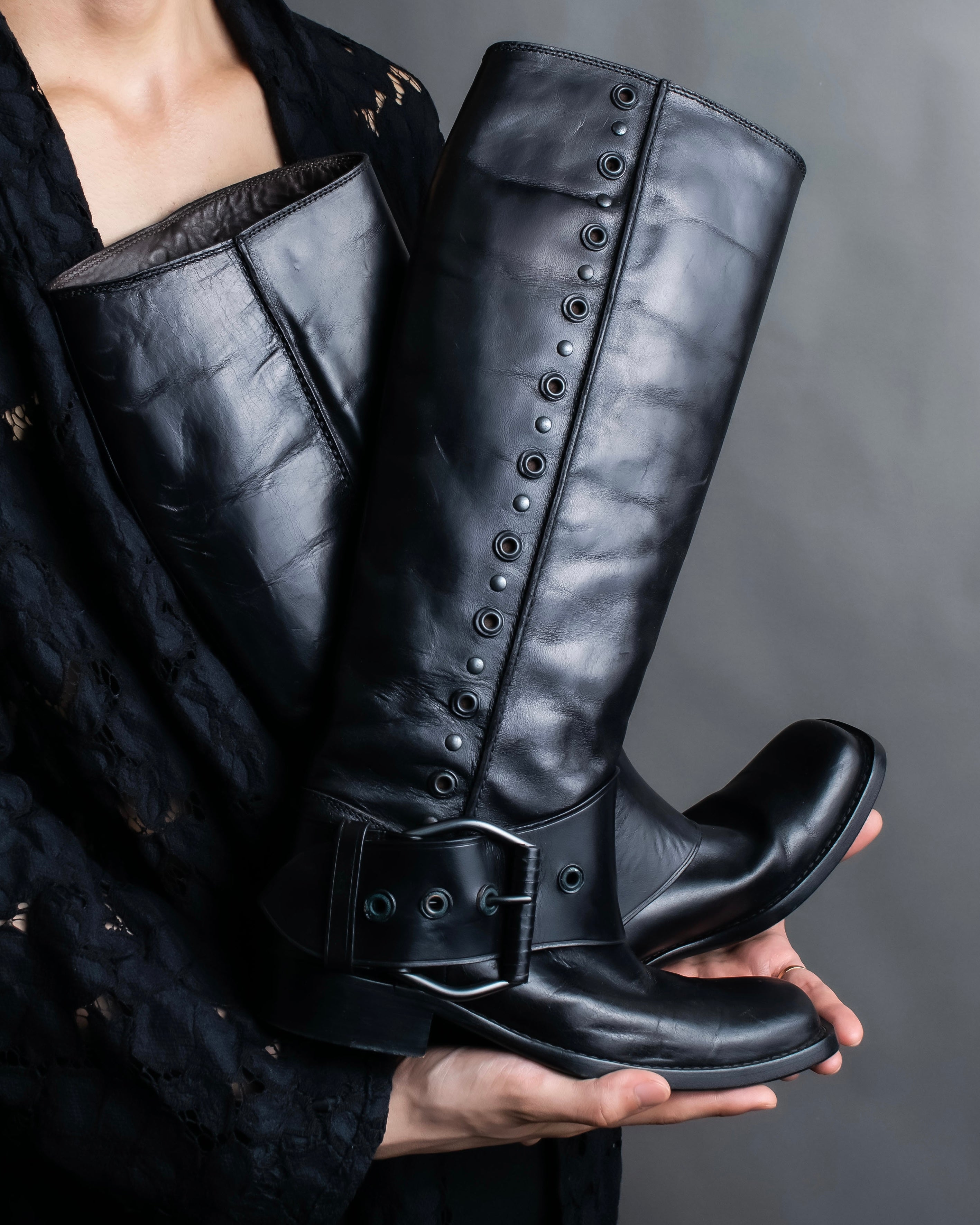 "BOTTEGA VENETA" Belt design square toe knee high long boots