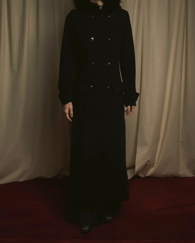 "DKNY" Long fur-trim hooded double-breasted coat