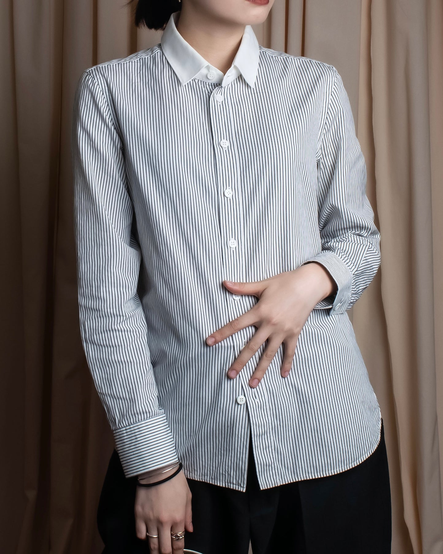 "YVES SAINT LAURENT" Fine pitch stripe pattern clerical design shirt