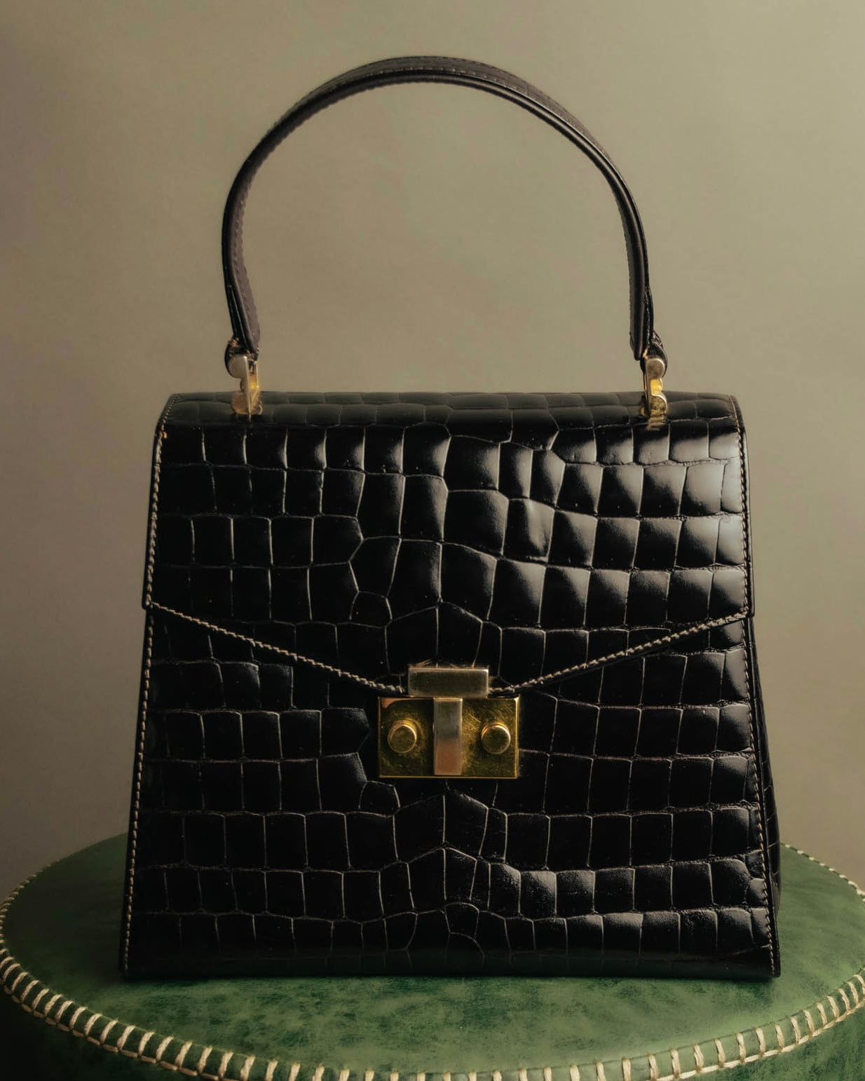 -SPECIAL- "TIFFANY & CO." 70's-80's Shiny crocodile top handle bag