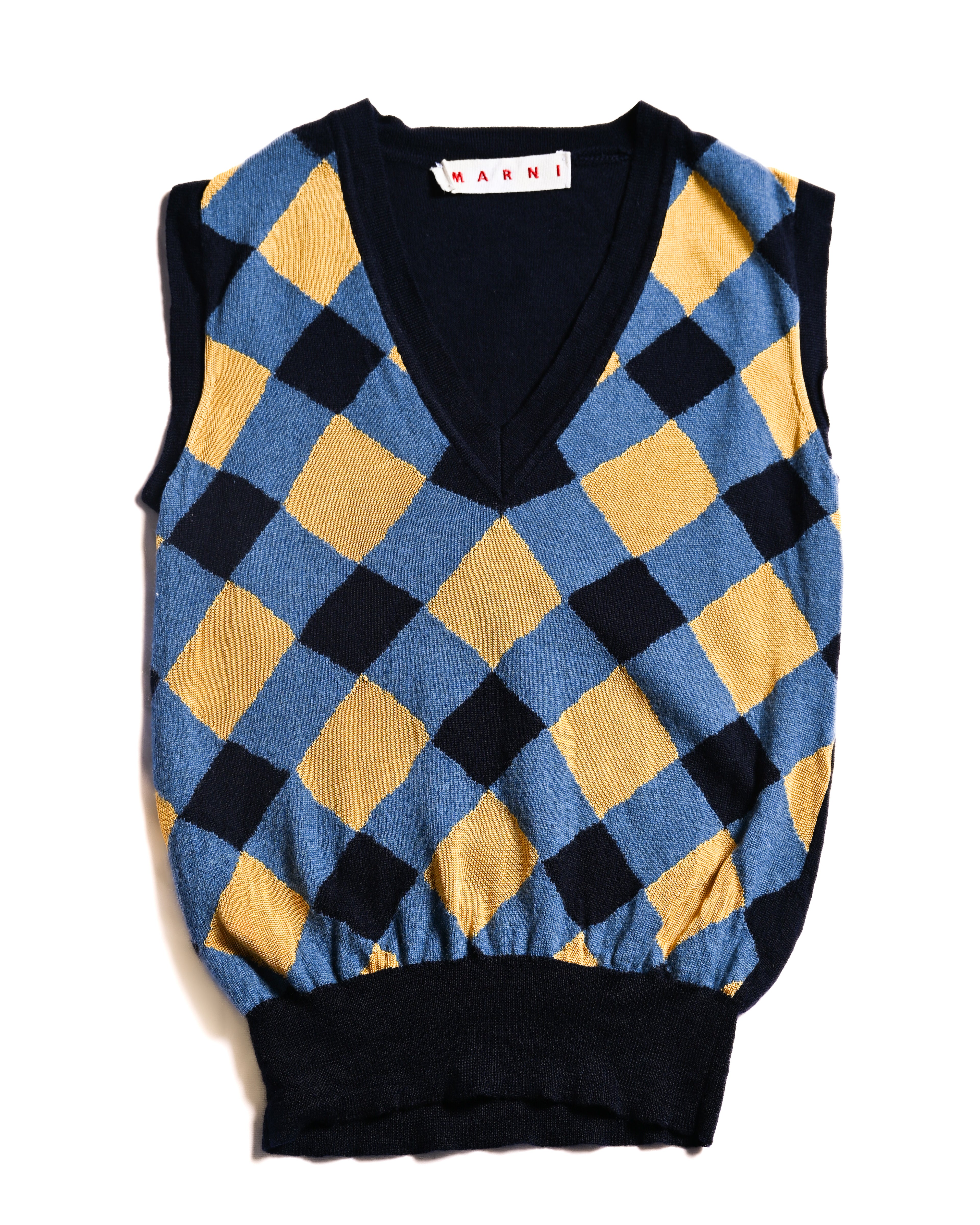 MARNI/ Argyle Pattern Knit Vest Blue×Yellow
