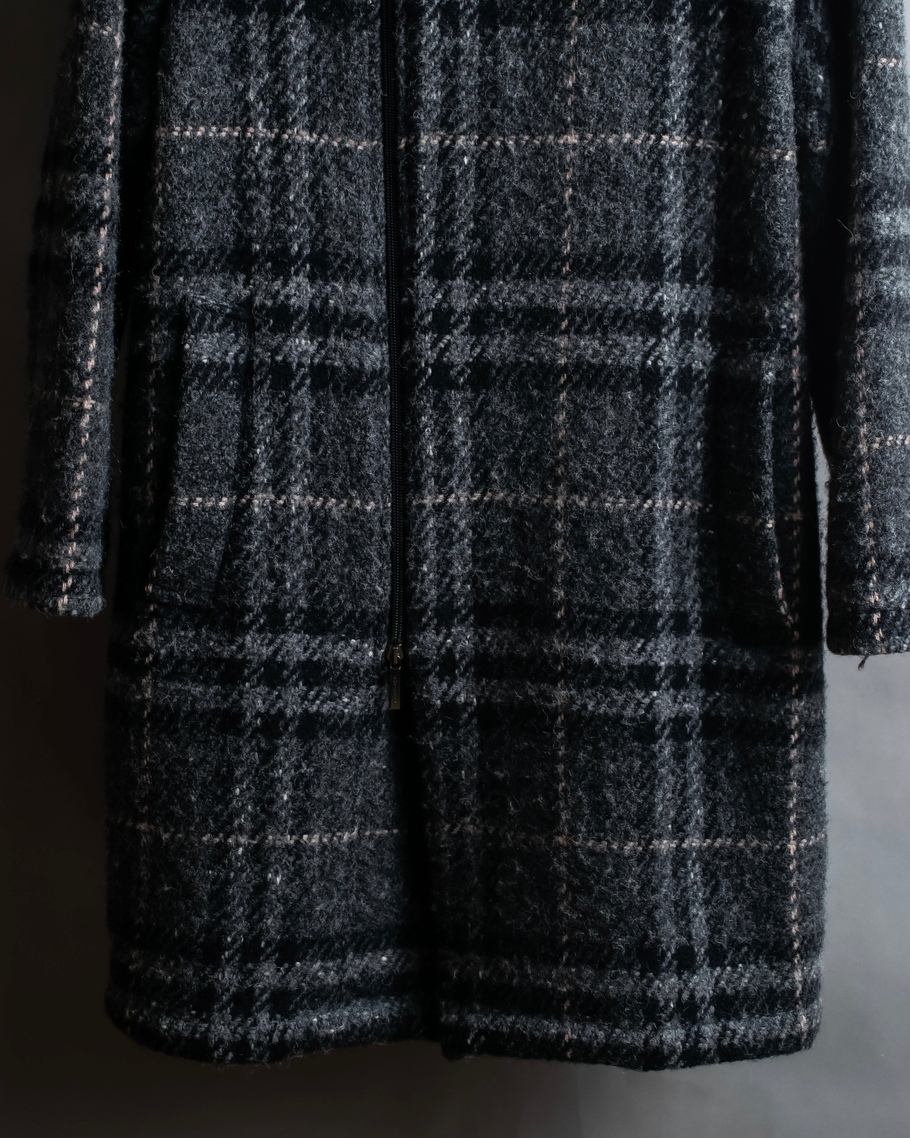 "BURBERRY" Check pattern double zipper hooded coat