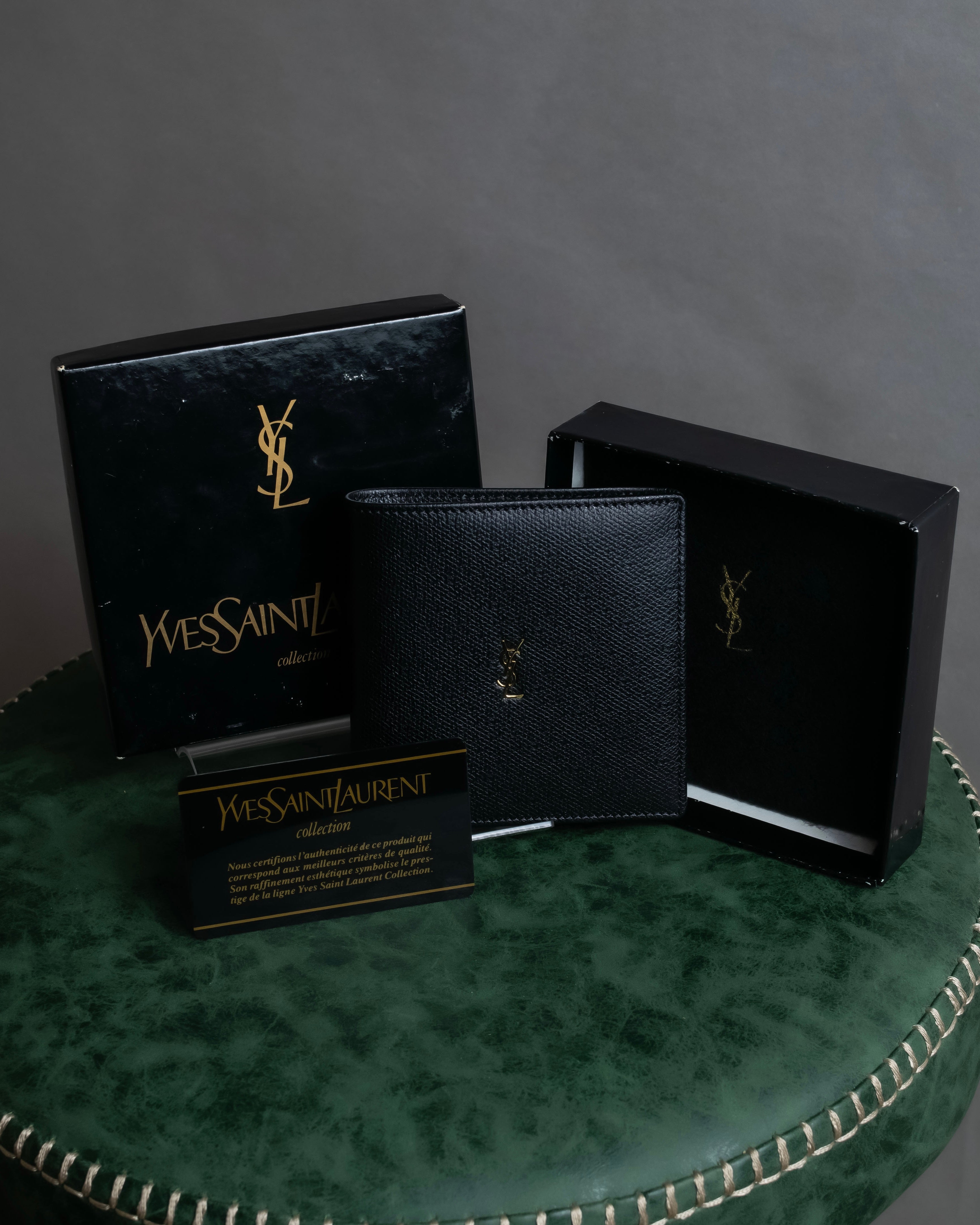 "YVES SAINT LAURENT" Cassandra logo engraved leather bi-fold wallet