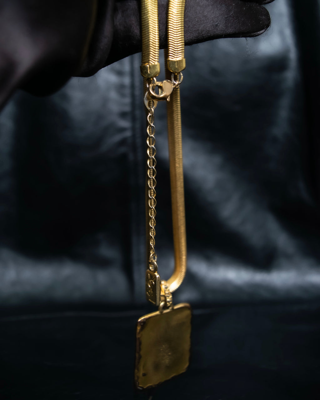 "Yves Saint Laurent" YSL logo plate gold necklace