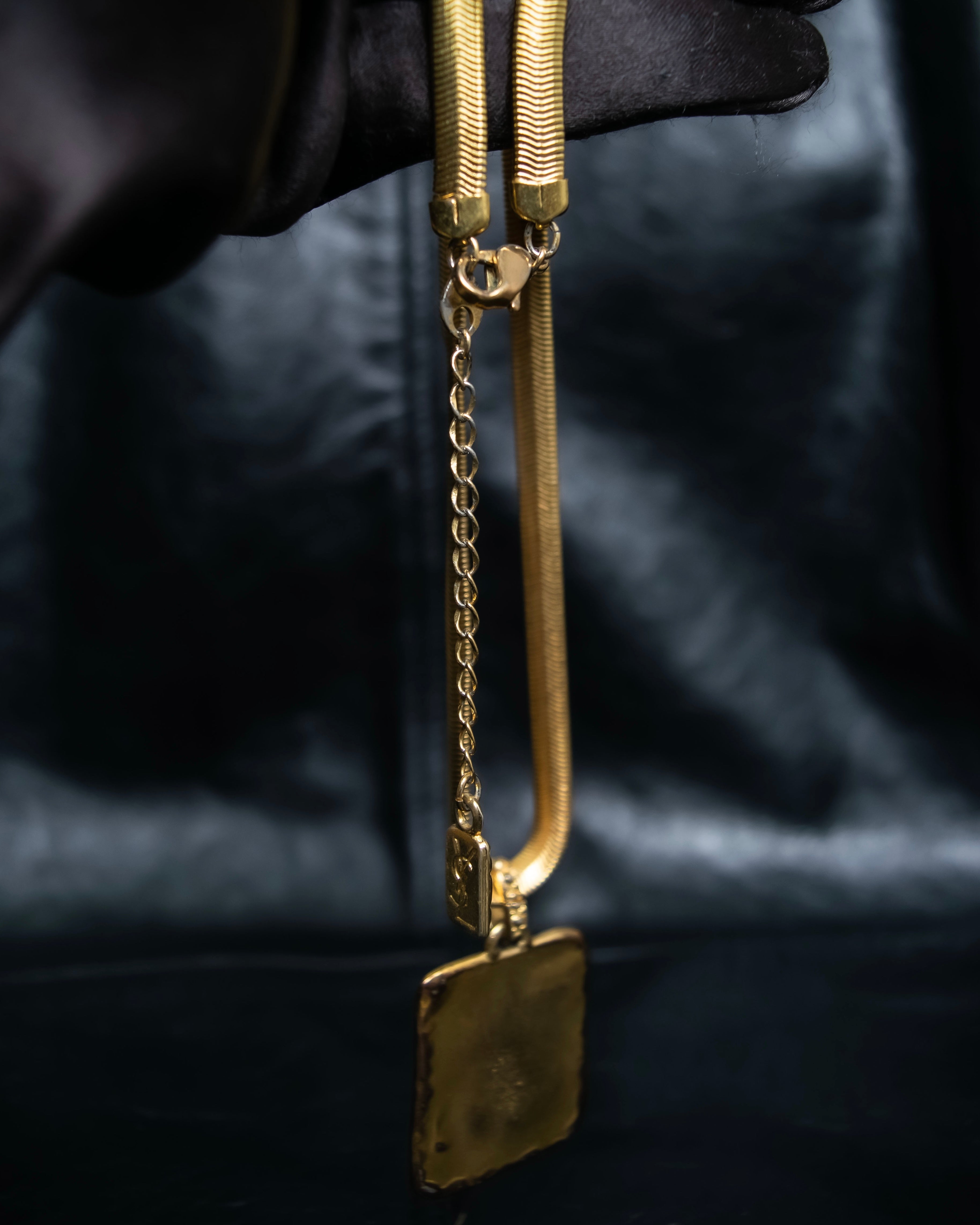 "Yves Saint Laurent" YSL logo plate gold necklace