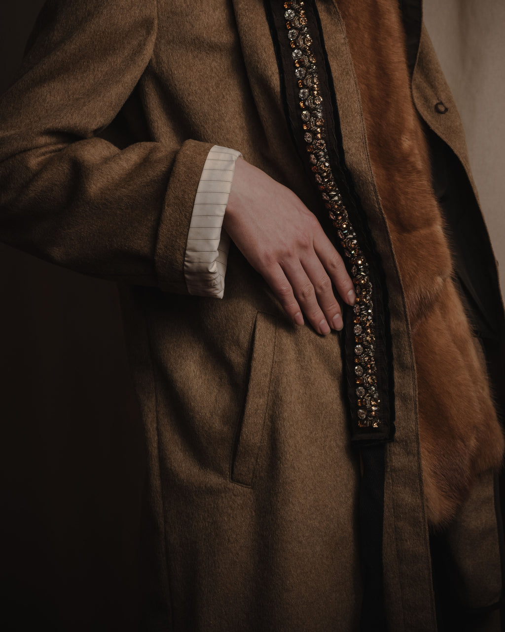 "PRADA" 90’s-00’s embellished fur-collar stretch tech coat