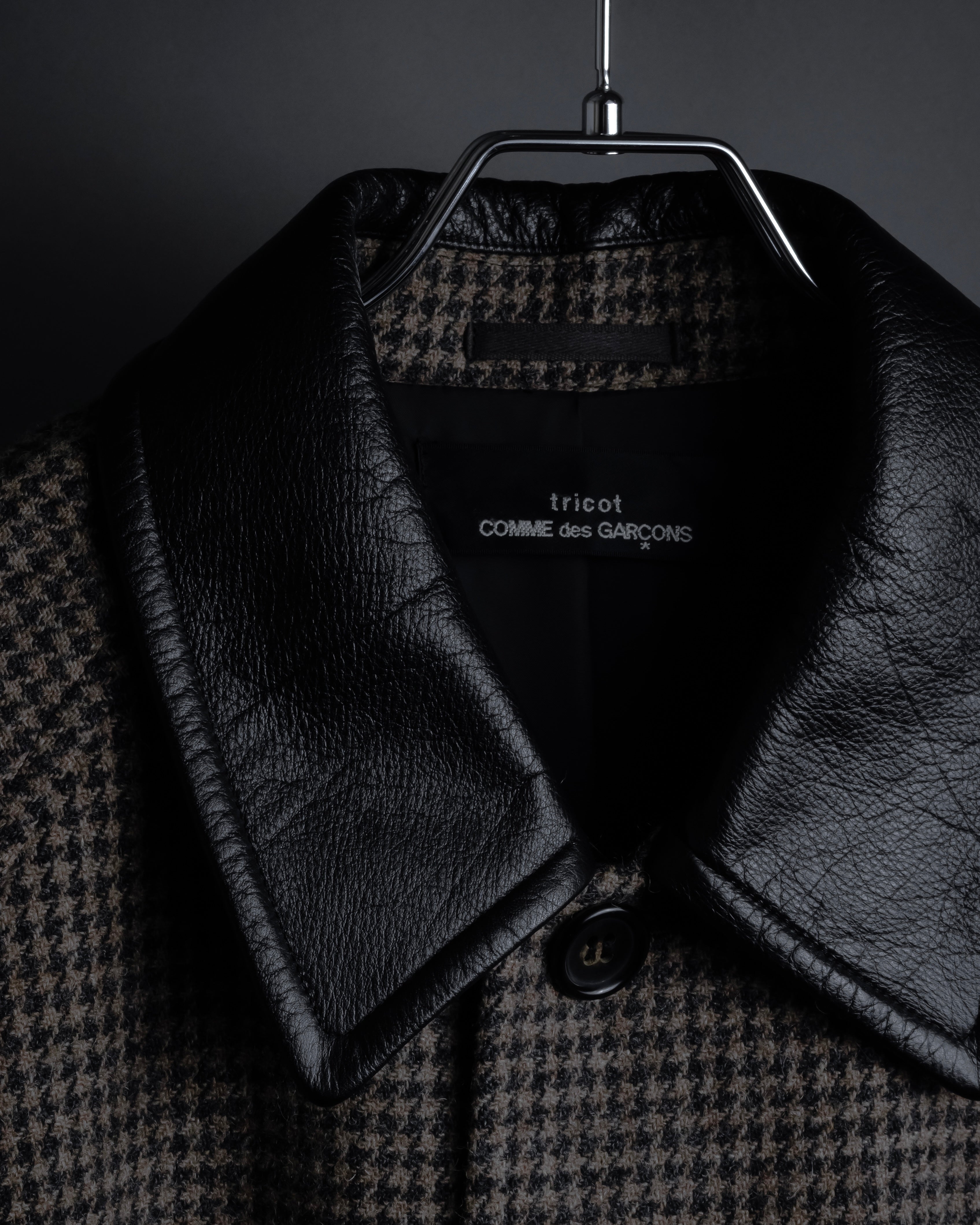 "tricot COMME des GARCONS" Leather collar design houndstooth pattern oversized long coat