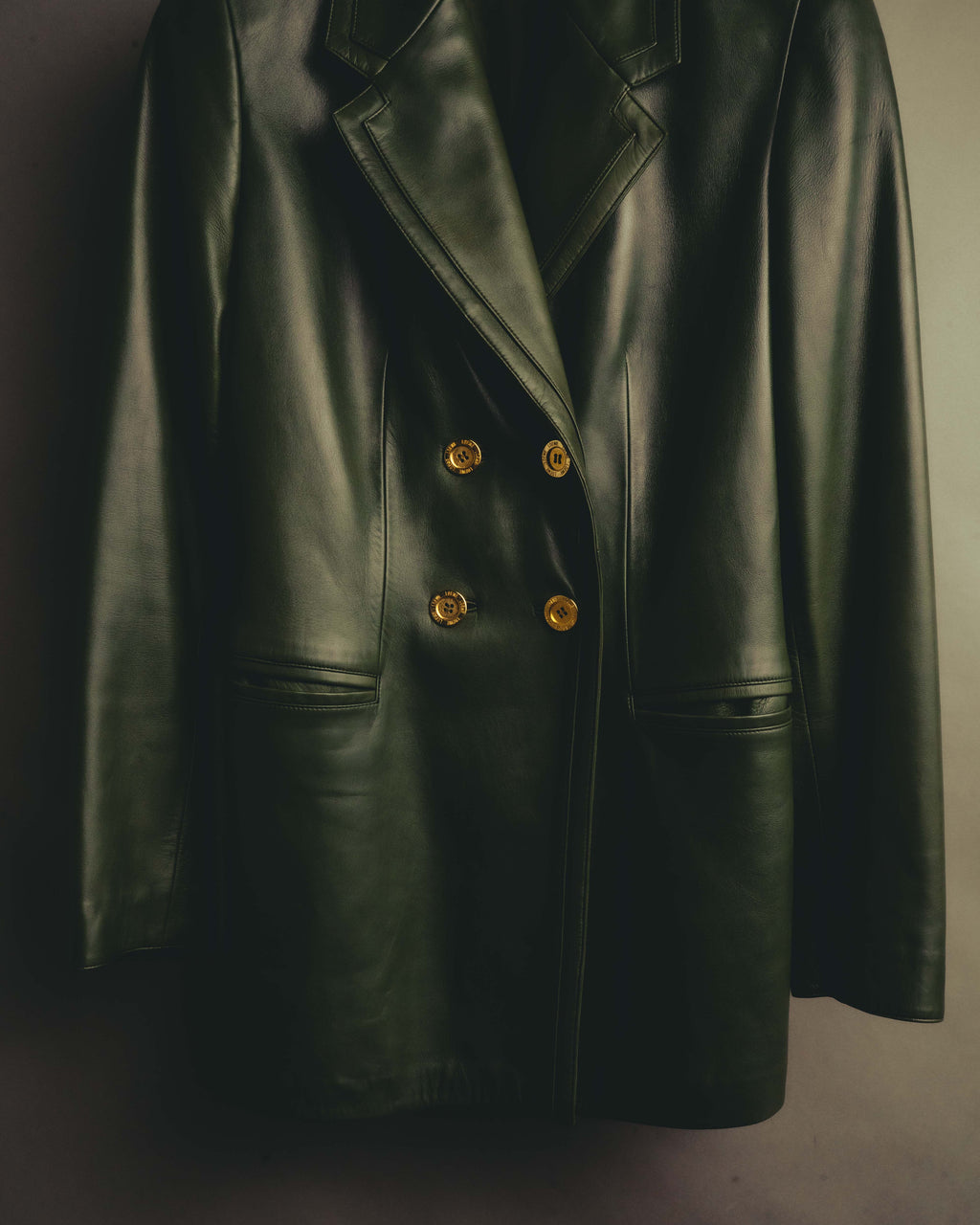 -SPECIAL- “LOEWE” 80’s-90’s Gold buttoned olive leather double-breasted tailored jacket