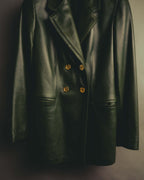 -SPECIAL- “LOEWE” 80’s-90’s Gold buttoned olive leather double-breasted tailored jacket
