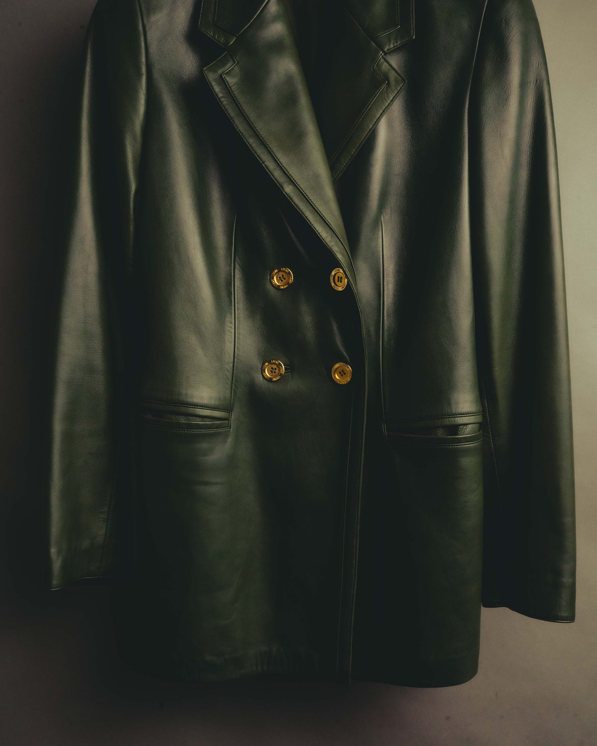 -SPECIAL- “LOEWE” 80’s-90’s Gold buttoned olive leather double-breasted tailored jacket