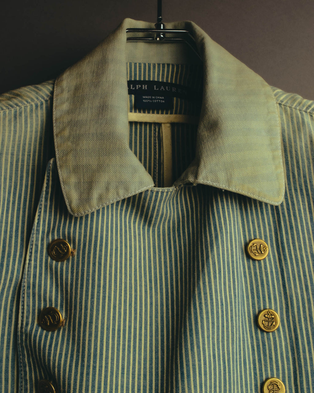 -SPECIAL- "Ralph Lauren" 00's Hickory stripe cotton double-breasted marine jacket