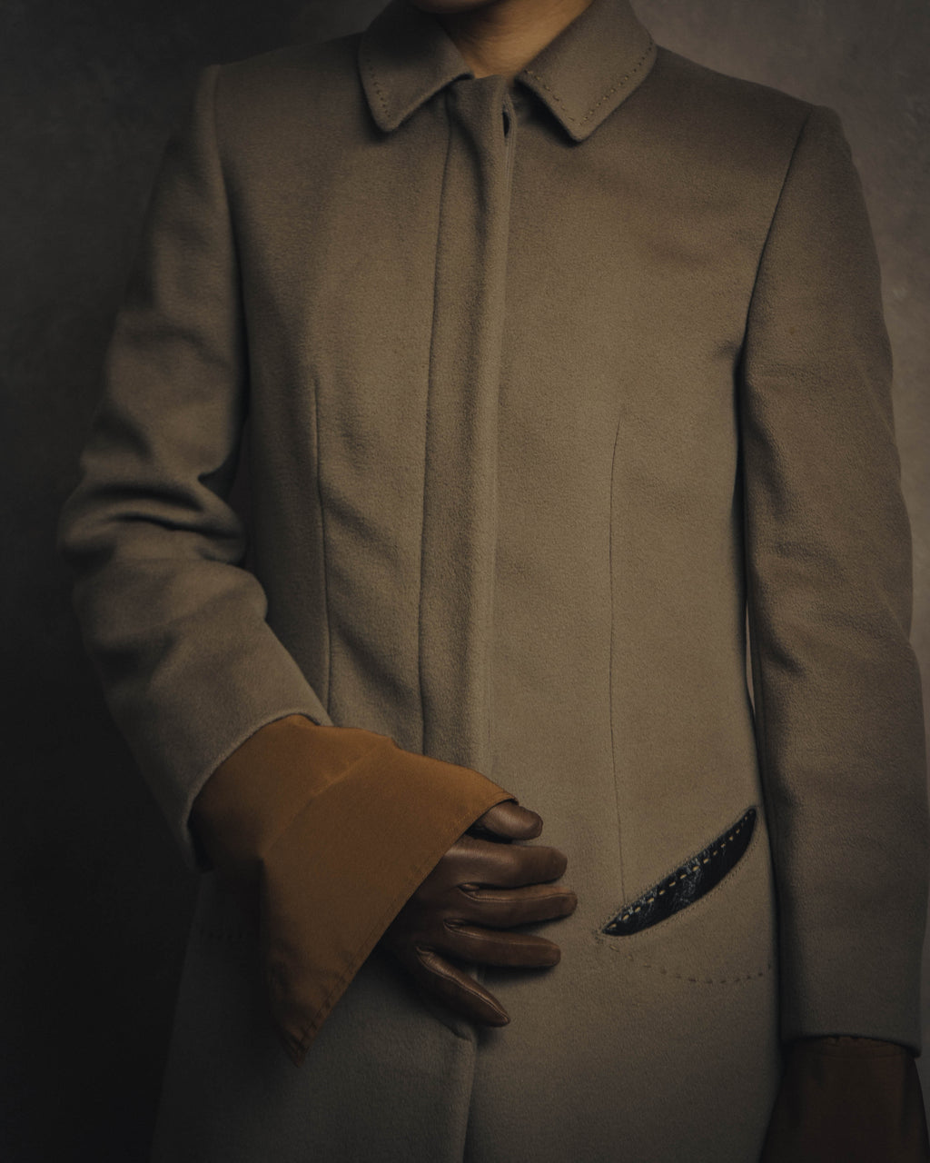 -SPECIAL- "FENDI" 90's-00's Cashmere blend long coat with leather contrast