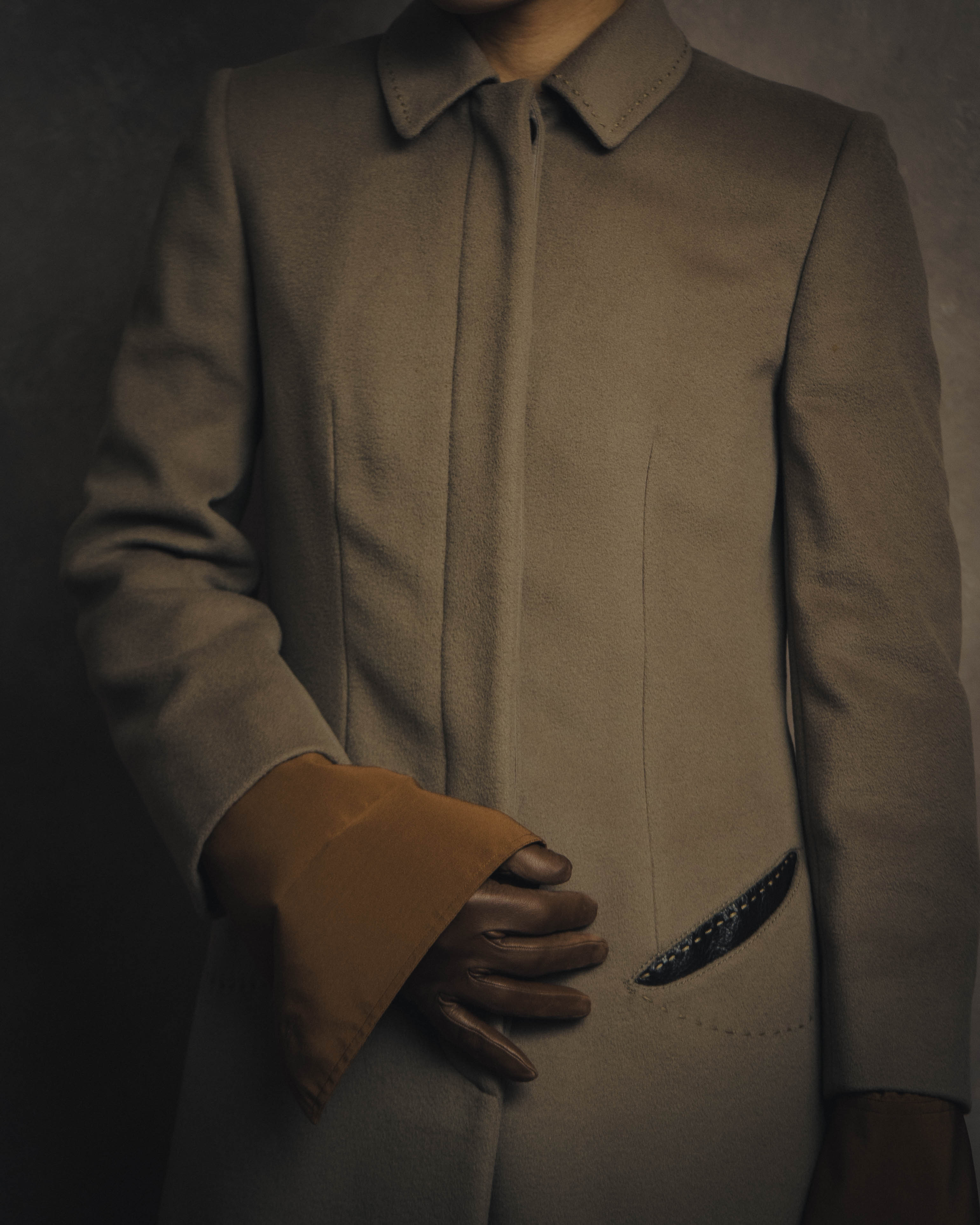 -SPECIAL- "FENDI" 90's-00's Cashmere blend long coat with leather contrast