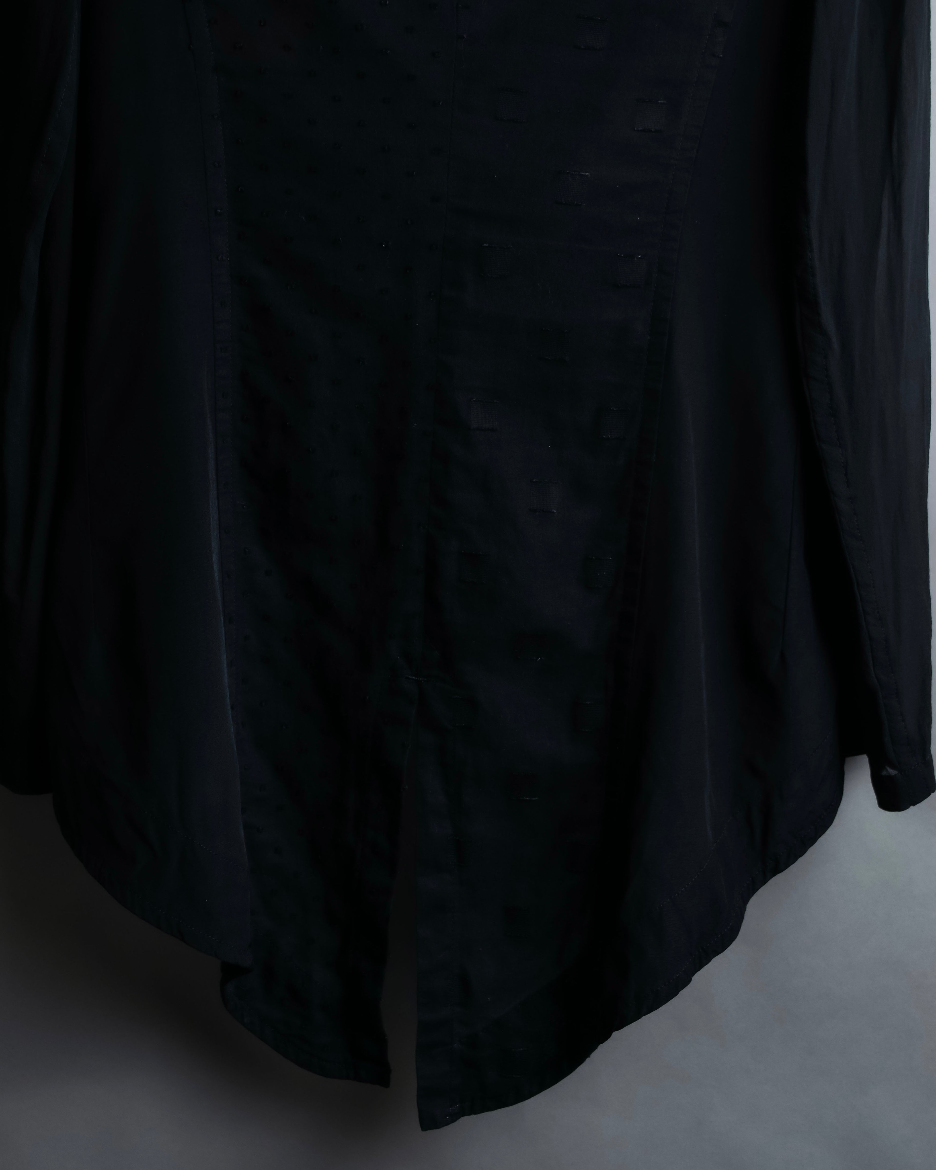 “Y’s COMPOSITION: SEE ATTACHED LABEL” Layered design multi buttons tail coat