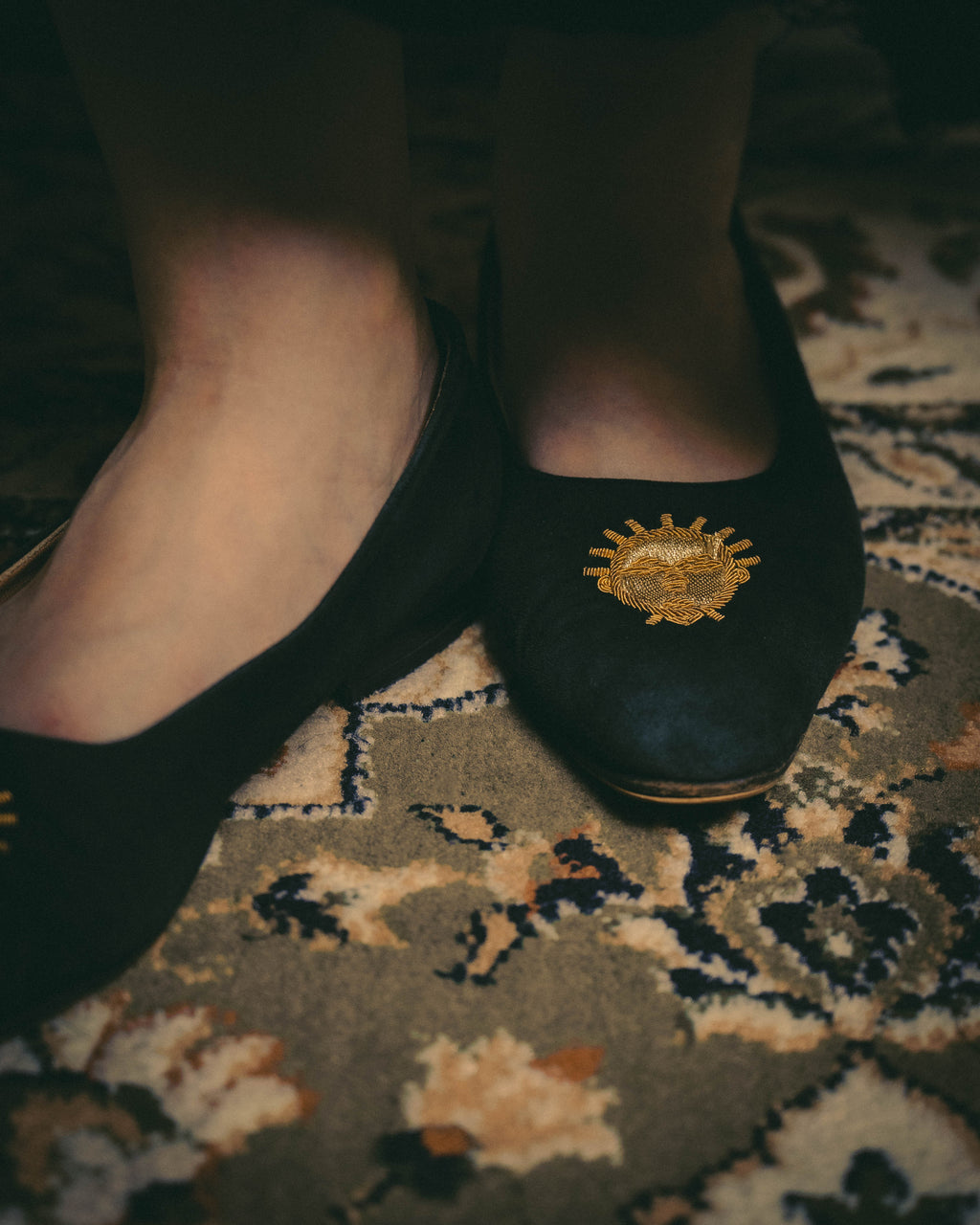 -SPECIAL- "Hermès" 80's-90's Gold embroidered suede loafers