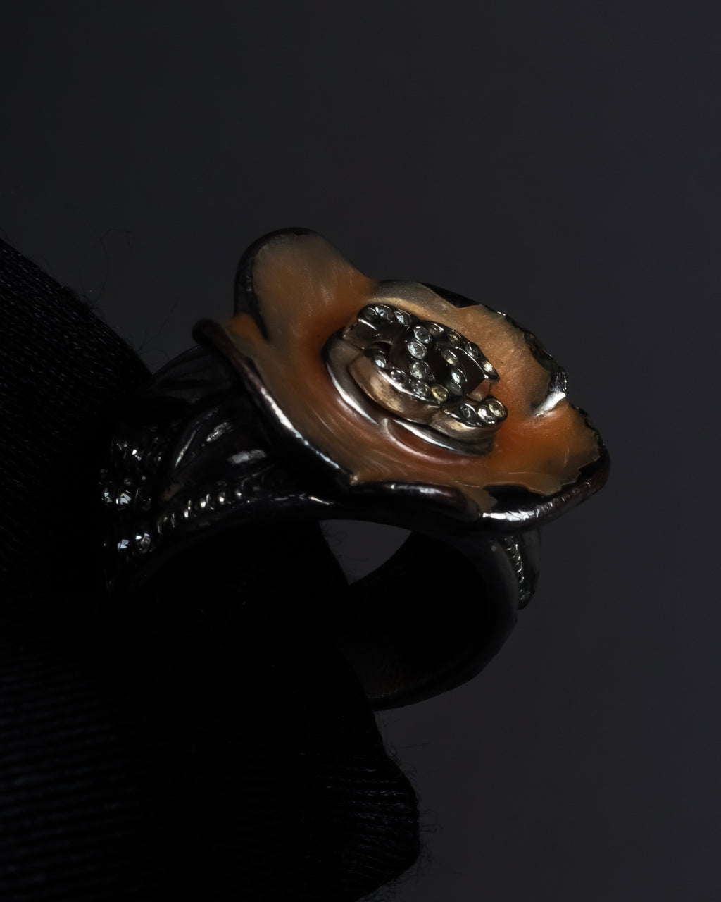"CHANEL" Camellia motif rhinestone logo design ring