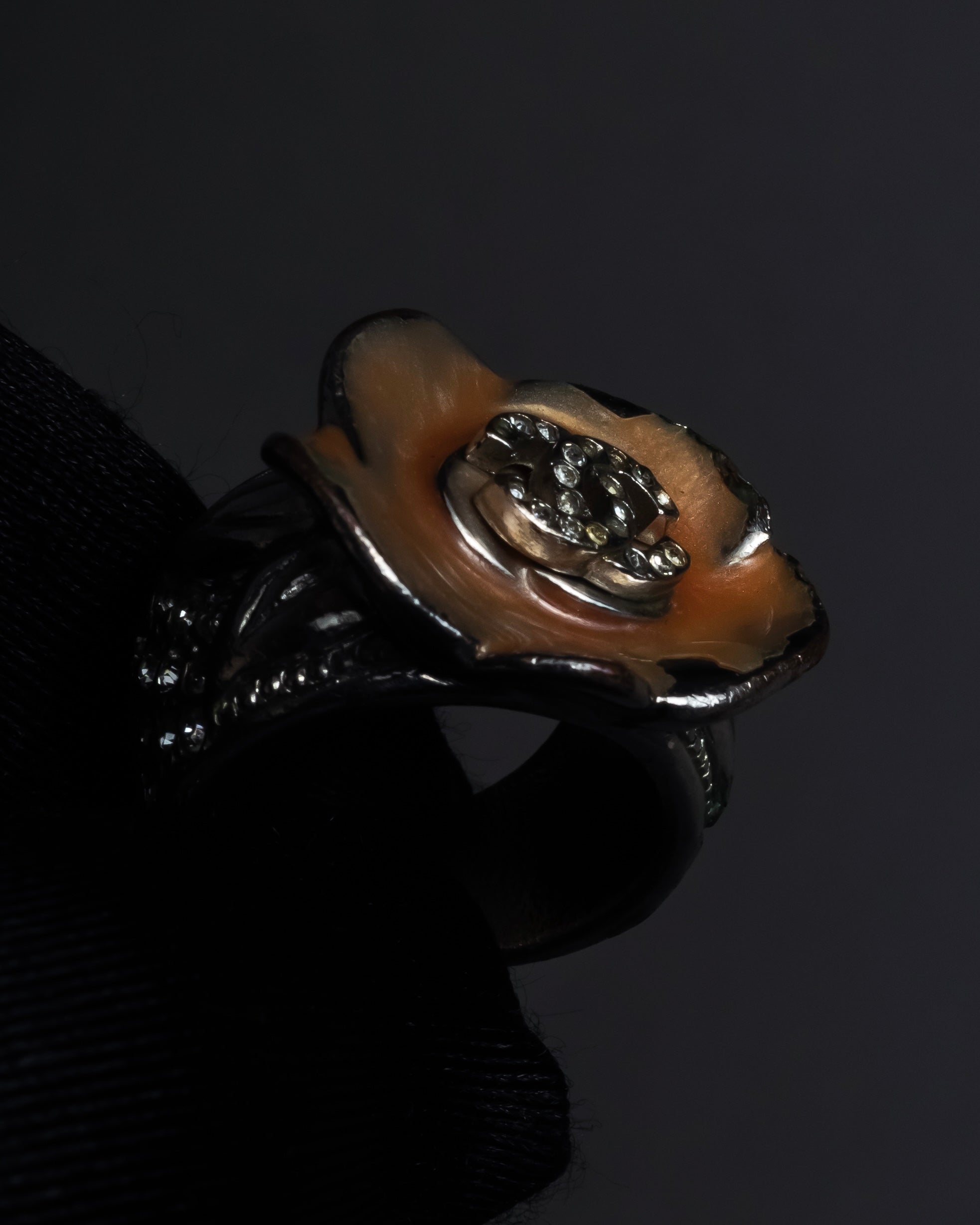 "CHANEL" Camellia motif rhinestone logo design ring