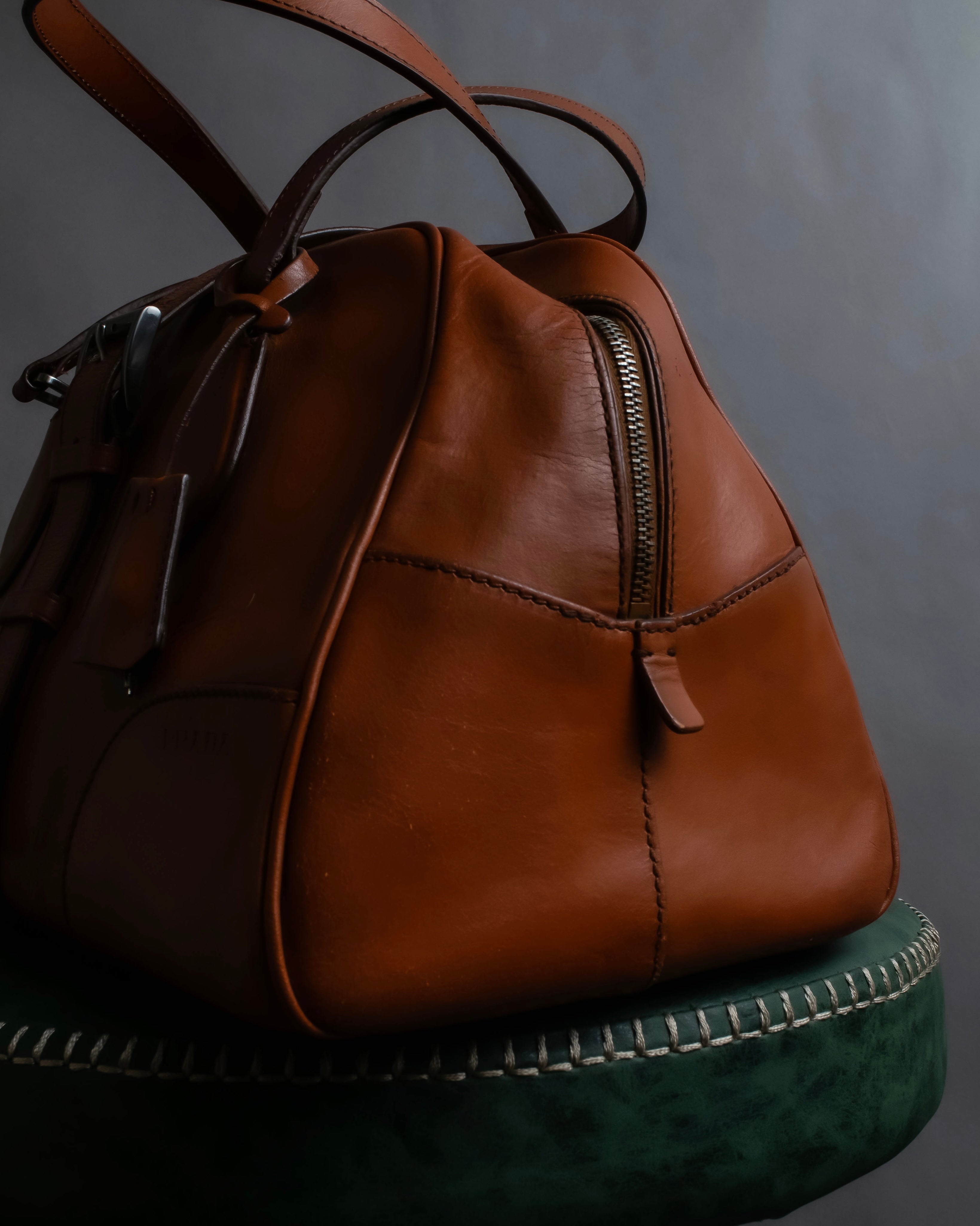 "PRADA" Belt flap detail rounded boston leather bag