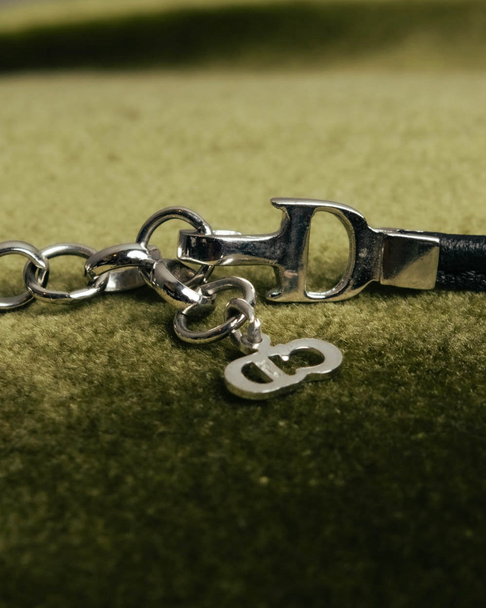 "Christian Dior" Ribbon charm leather cord choker necklace