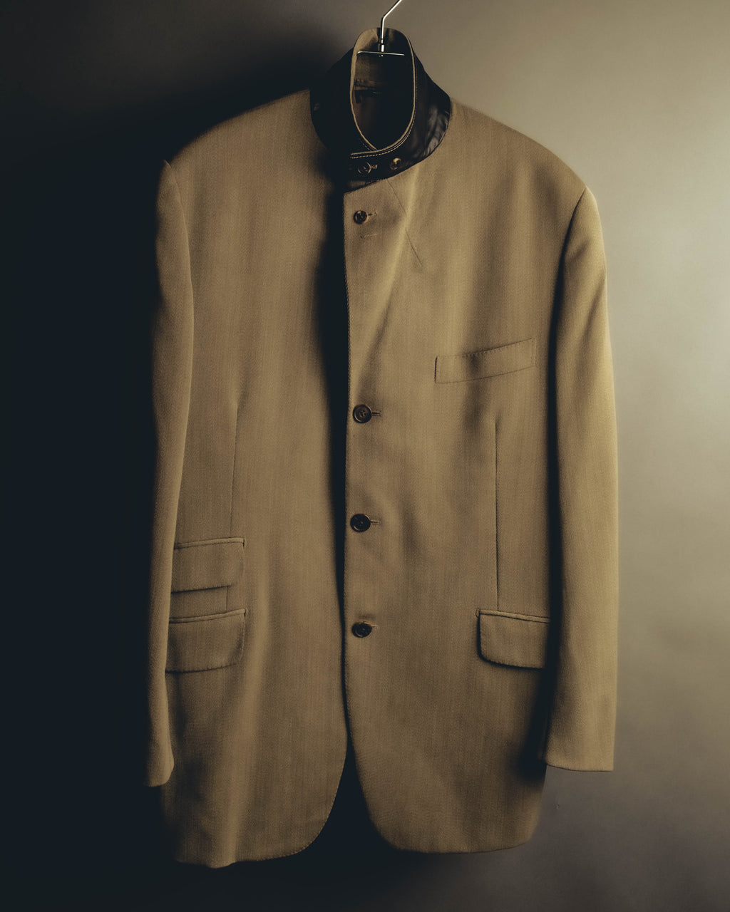 -SPECIAL- "Hermès" 80's-00's Leather collar tailored blazer